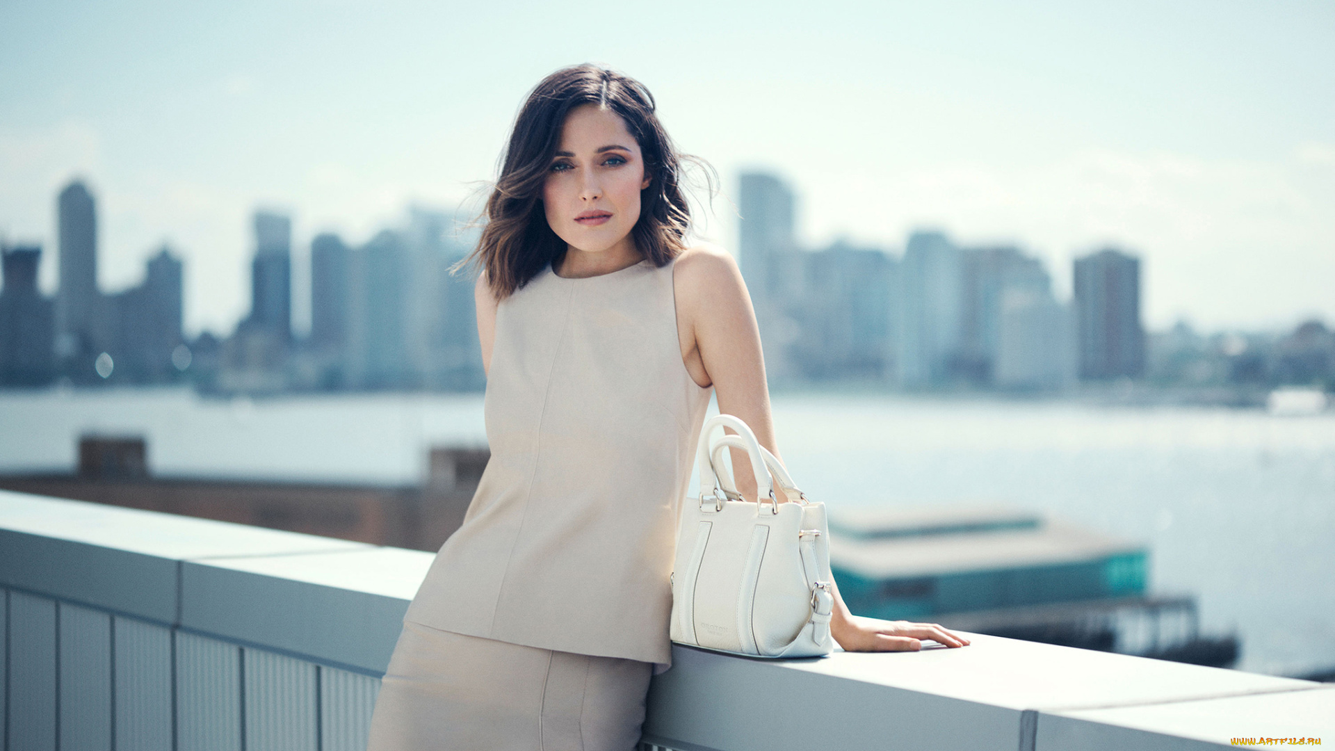 rose, byrne, девушки, панорама, город, мост, костюм, женщина, сумка