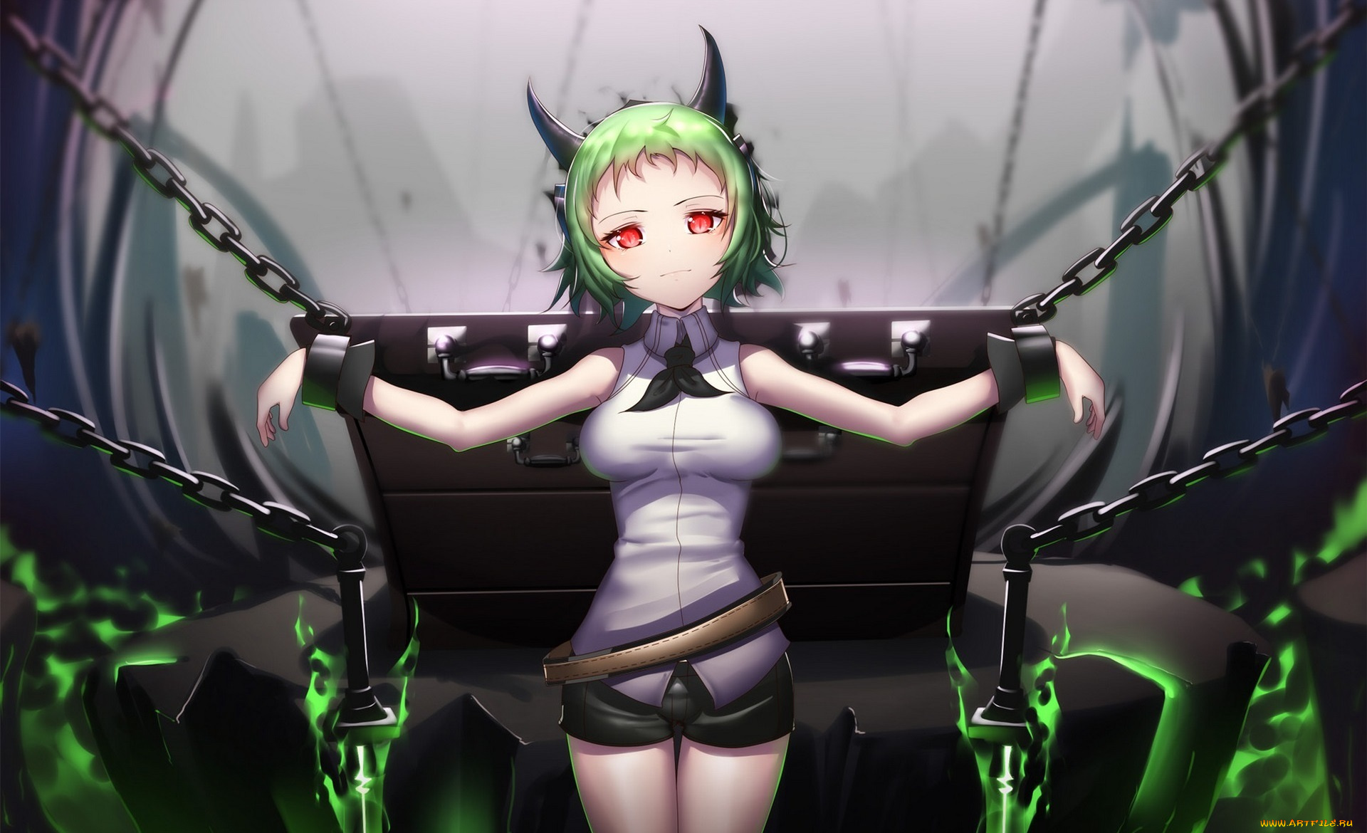 аниме, owari, no, seraph, улыбка, цепь, zxd0554, арт, рога, девушка, owari, no, seraph, hk