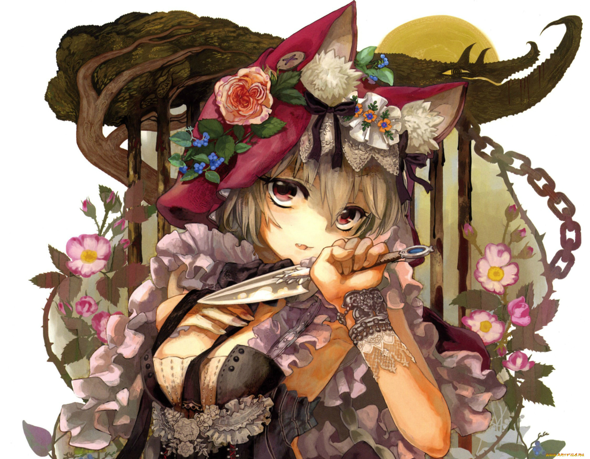 аниме, оружие, , техника, , технологии, art, aililith, neko, girl, ушки, нож, кружево