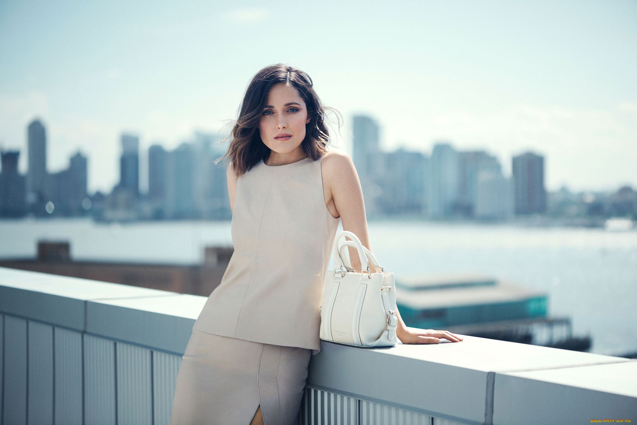 rose, byrne, девушки, панорама, город, мост, костюм, женщина, сумка