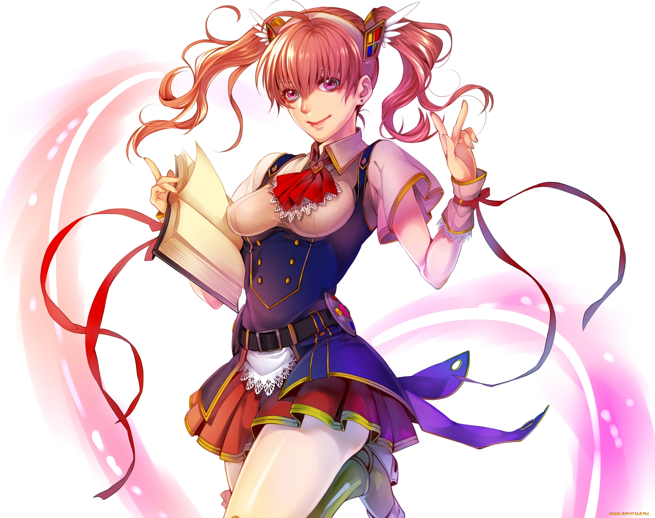 аниме, unknown, , другое, магия, крылья, лента, книги, девушка, tayuya1130, арт