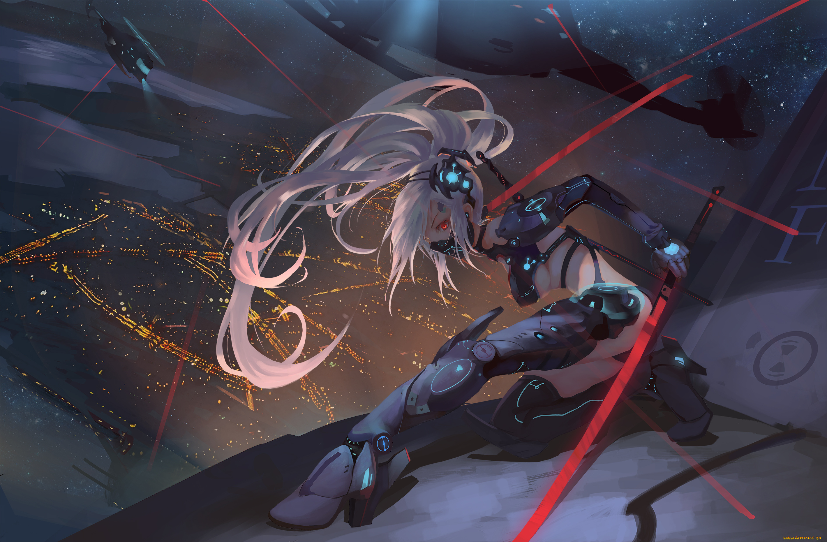 аниме, оружие, , техника, , технологии, маска, девушка, арт, neko-mura, ikkro, ночь, город