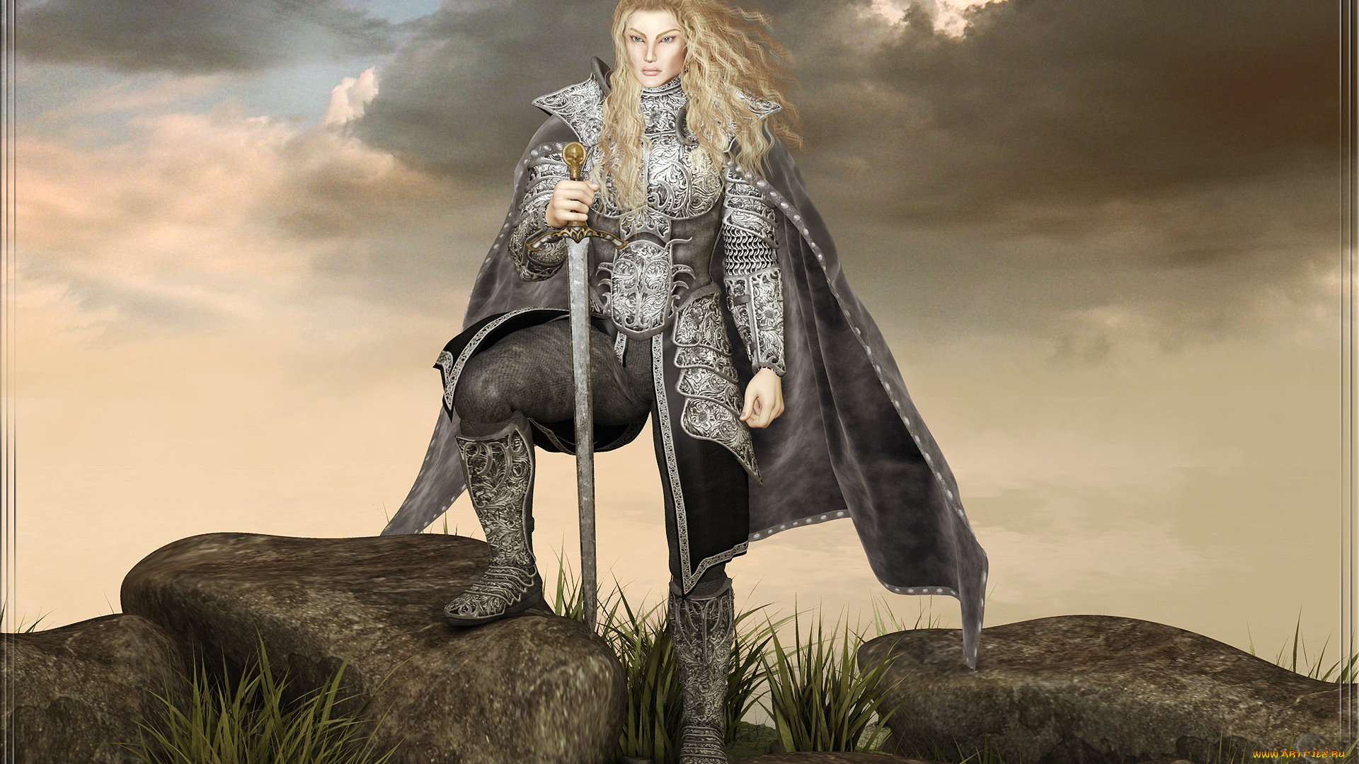 3д, графика, амазонки, , amazon, девушка, взгляд, фон, меч