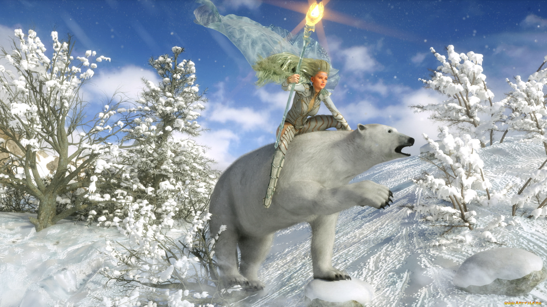 3д, графика, фантазия, , fantasy, деревья, медведь, шест, снег, зима, фон, взгляд, девушка