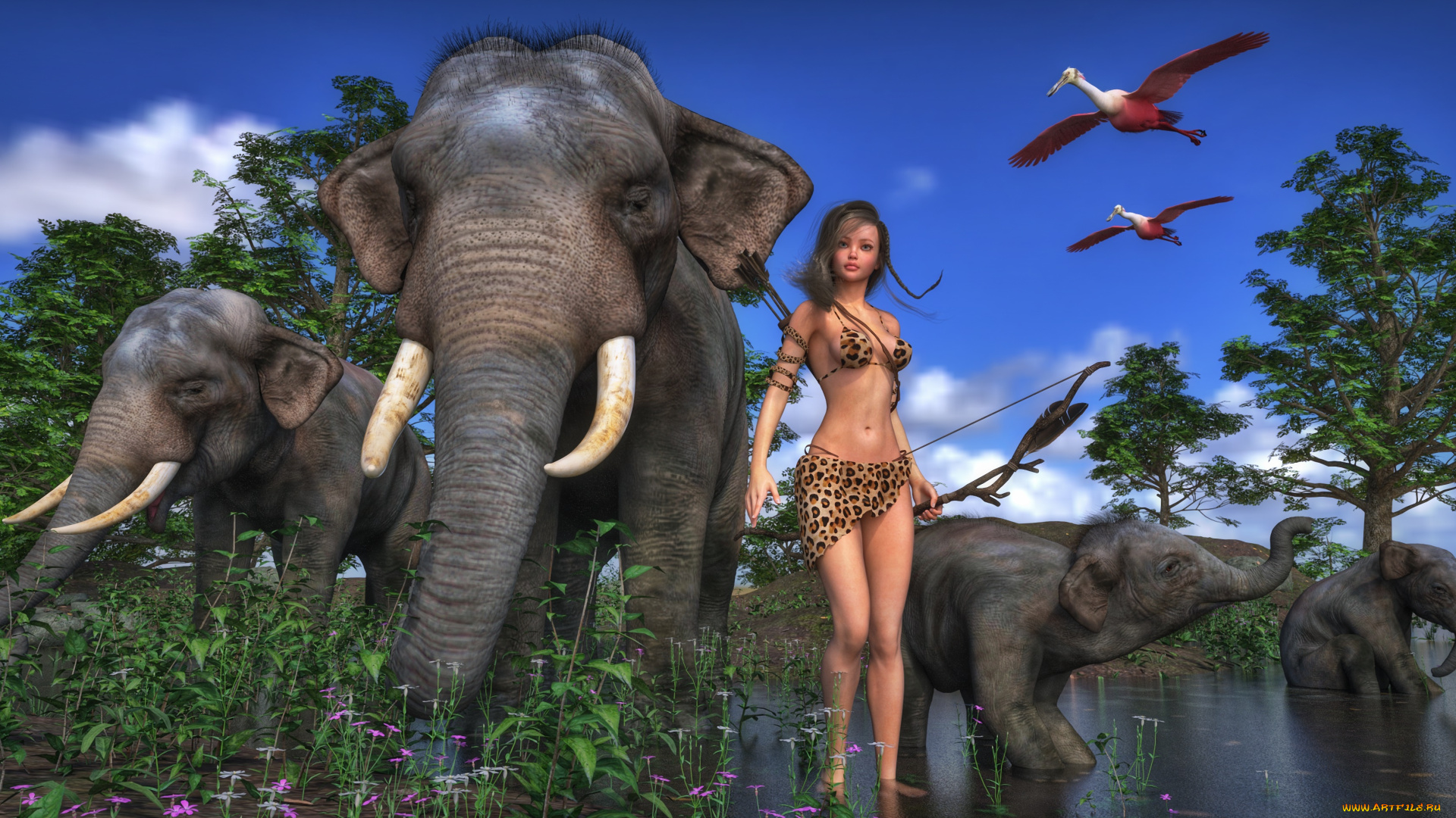3д, графика, фантазия, , fantasy, девушка, взгляд, фон, слоны