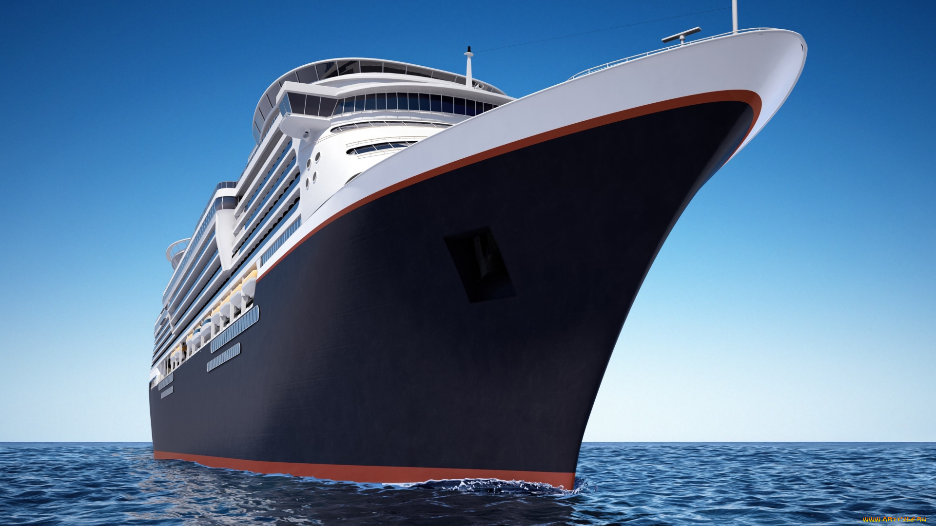 корабли, 3d, горизонт, корабль, море, круизный, небо, лайнер