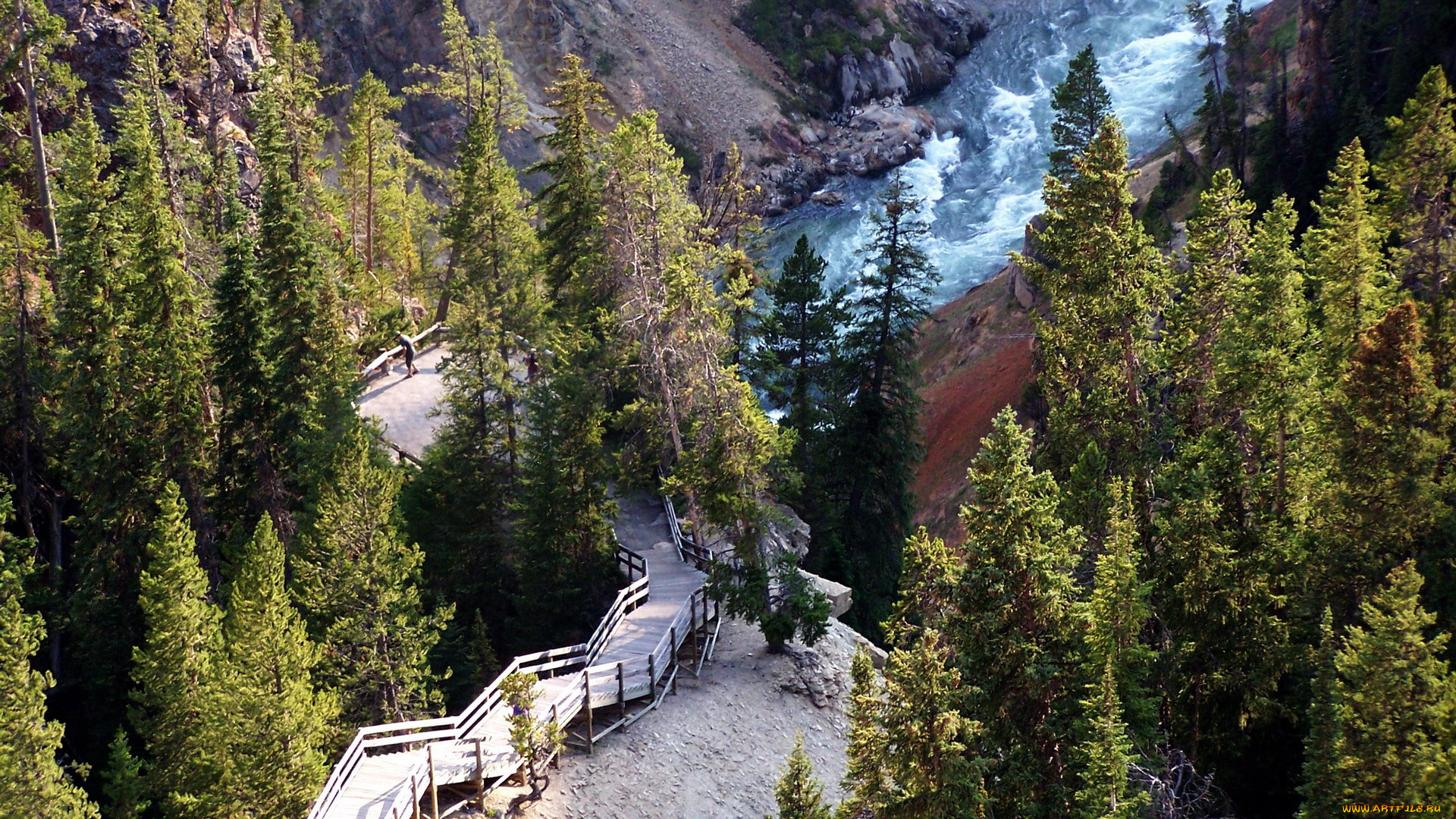природа, реки, озера, ущелье, горная, река, лестница, деревянная