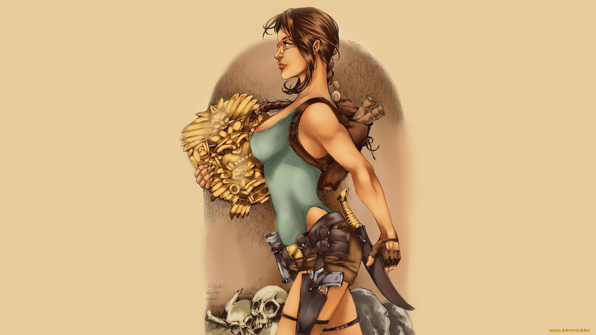 рисованное, комиксы, пистолет, девушка, нож, череп, очки, фон