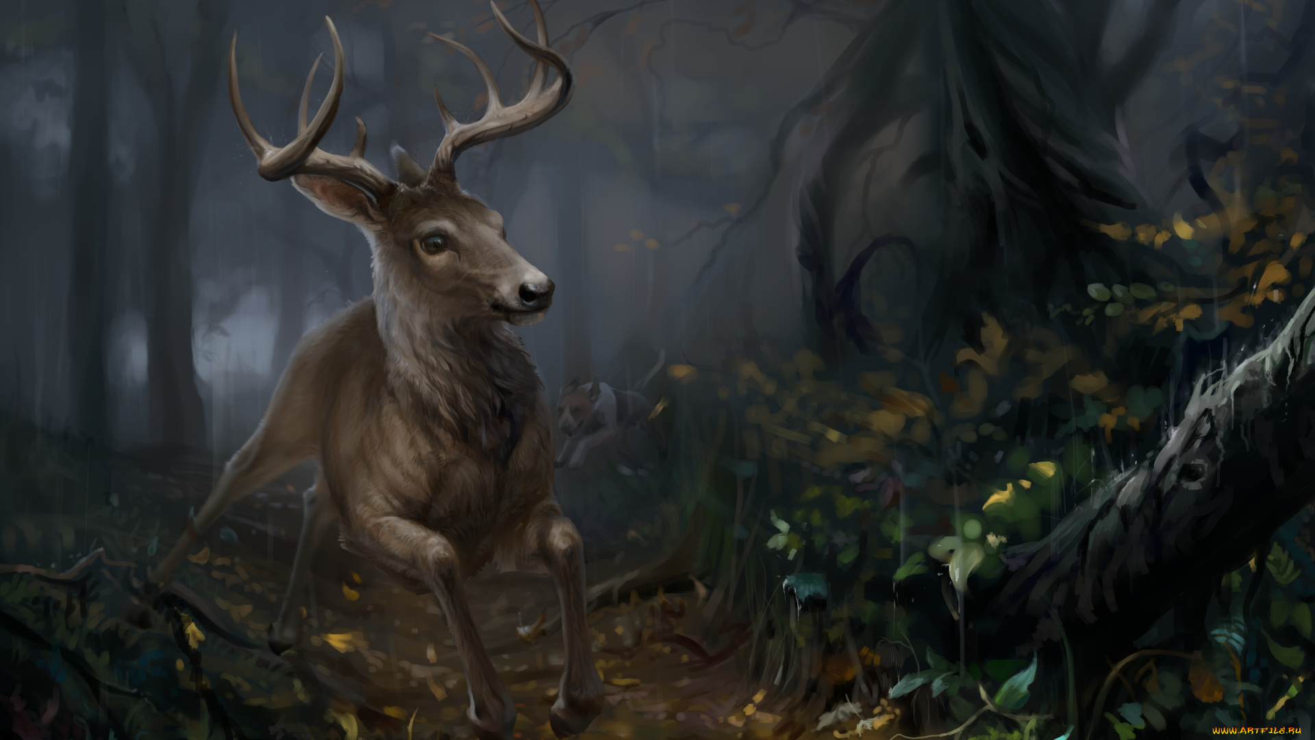 рисованное, животные, , олени, лес, собака, охота, природа, олень