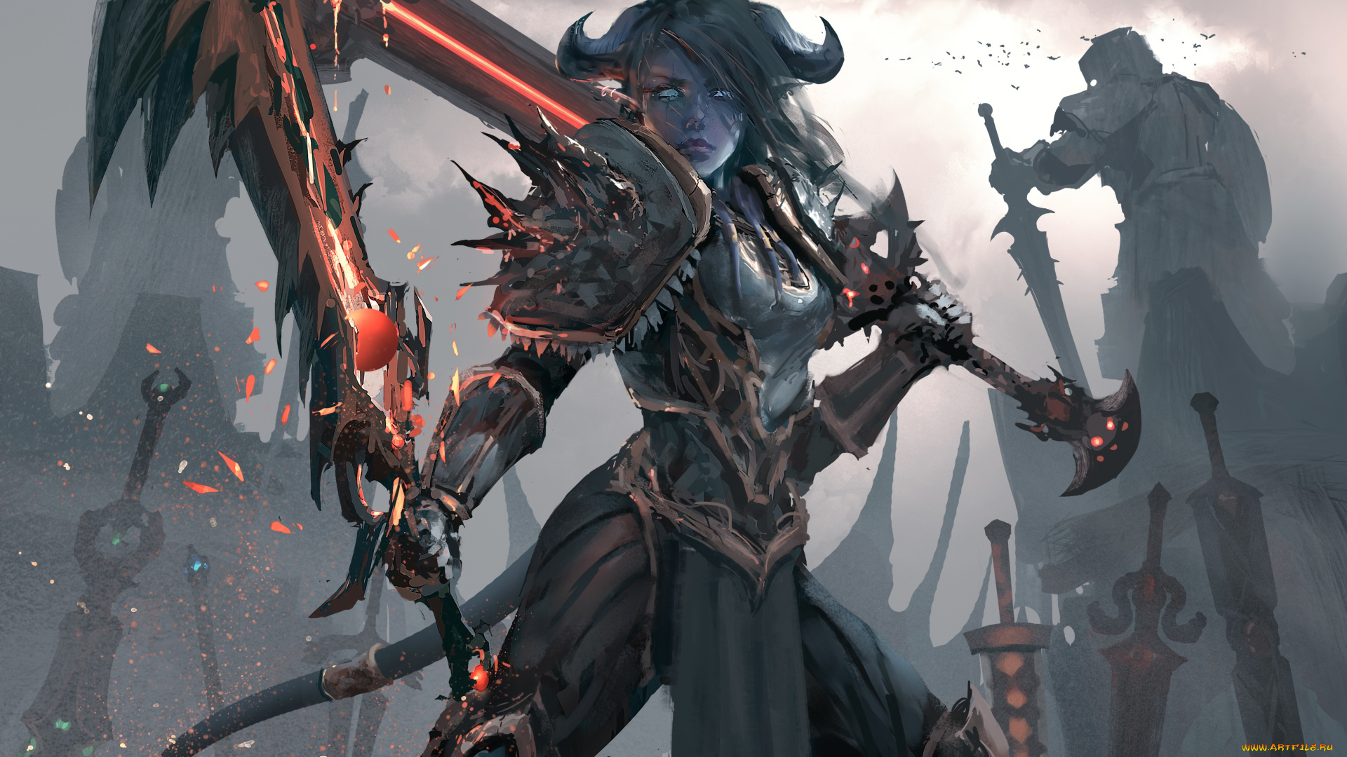 видео, игры, world, of, warcraft, доспехи, хвост, воин, оружие, меч, рога, арт, wlop, world, of, warcraft, девушка