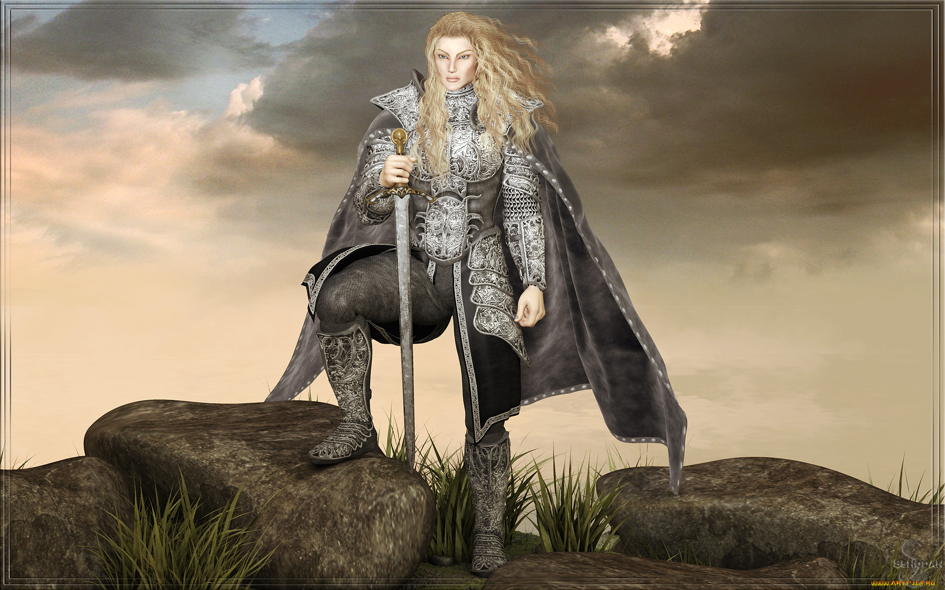 3д, графика, амазонки, , amazon, девушка, взгляд, фон, меч