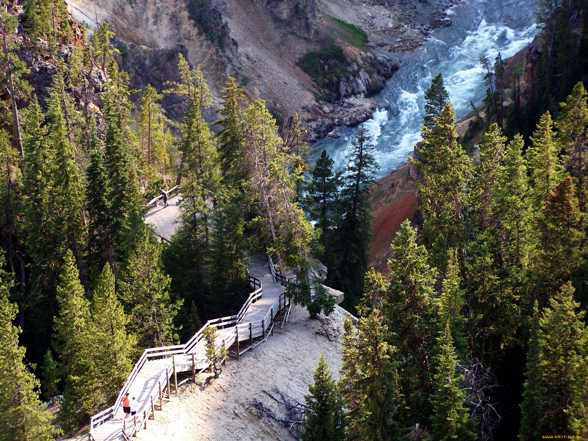 природа, реки, озера, ущелье, горная, река, лестница, деревянная