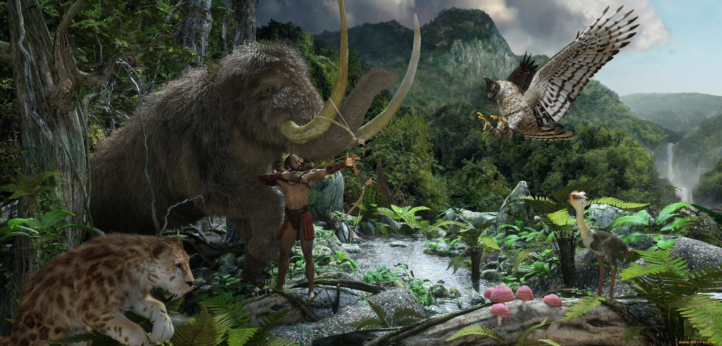 3д, графика, фантазия, , fantasy, мужчина, взгляд, фон, птицы, звери, охота