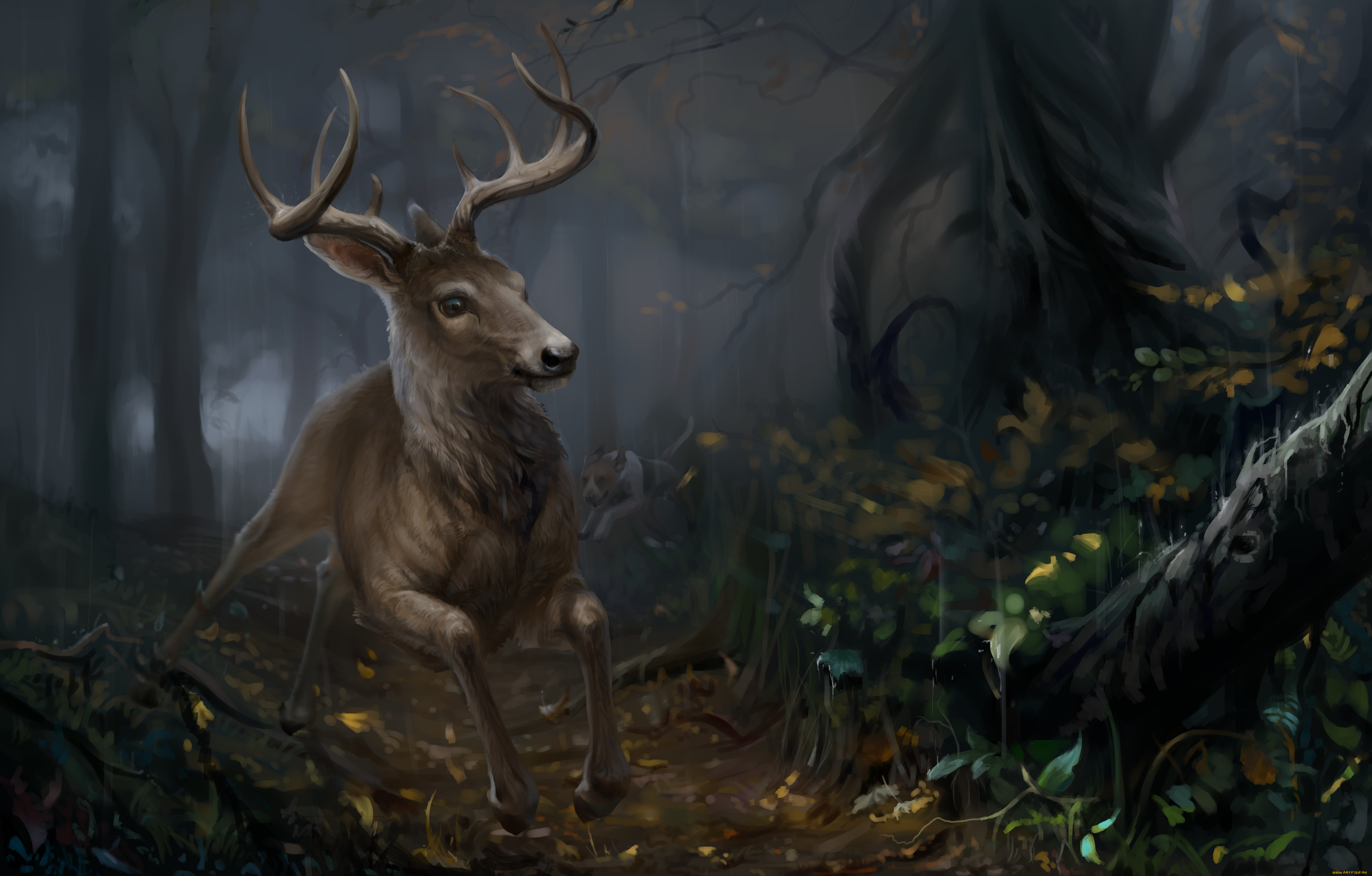 рисованное, животные, , олени, лес, собака, охота, природа, олень