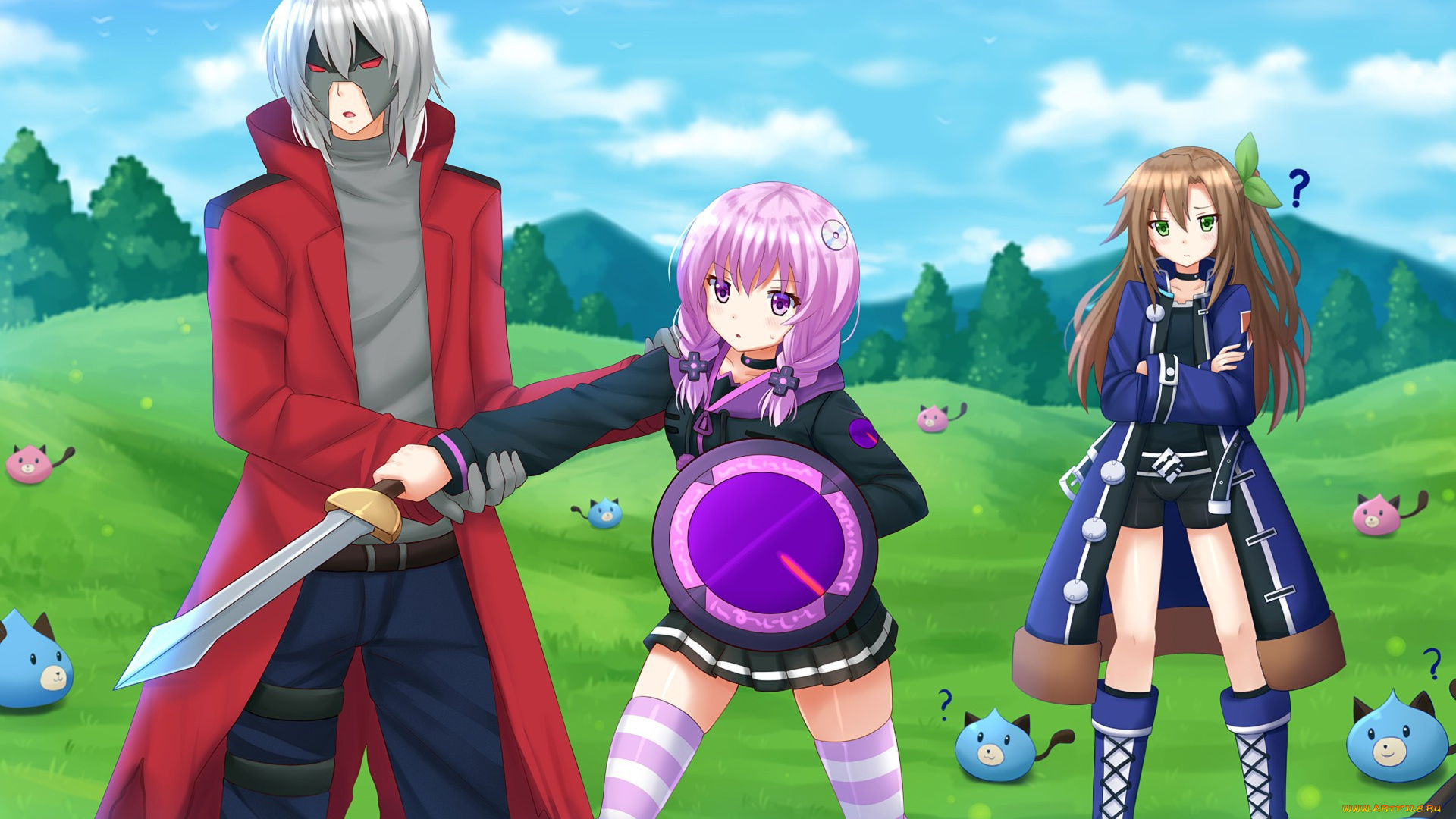 аниме, hyperdimension, neptunia, bishojo, deredere, vegetation, shield, cute, blade, ken, girl, sword, anime, fight