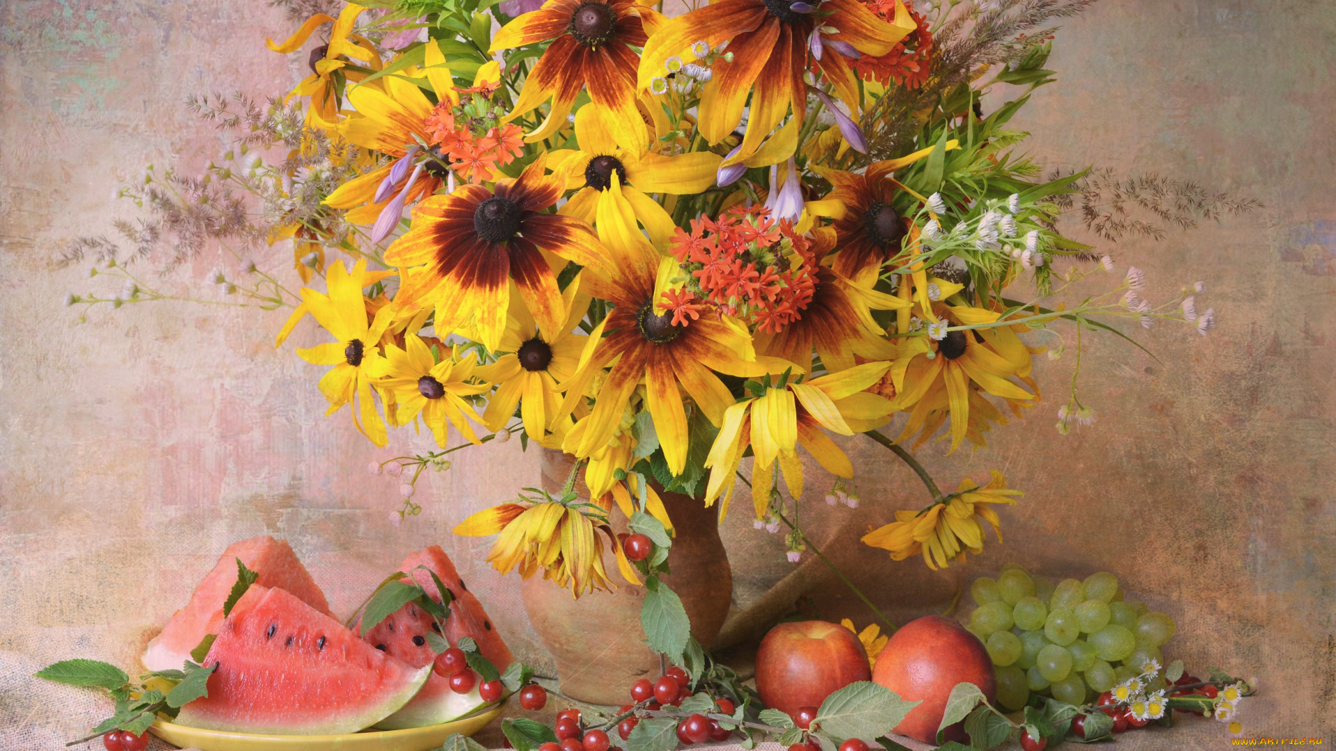еда, натюрморт, композиция, букет, лето, фрукты, рудбекия, июль