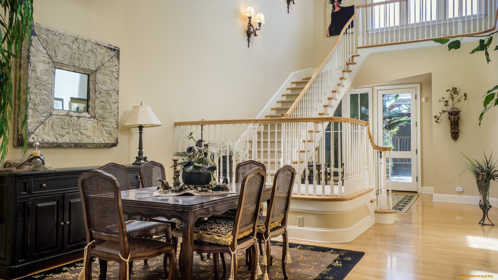 интерьер, столовая, стулья, стиль, стол, лестница, дизайн