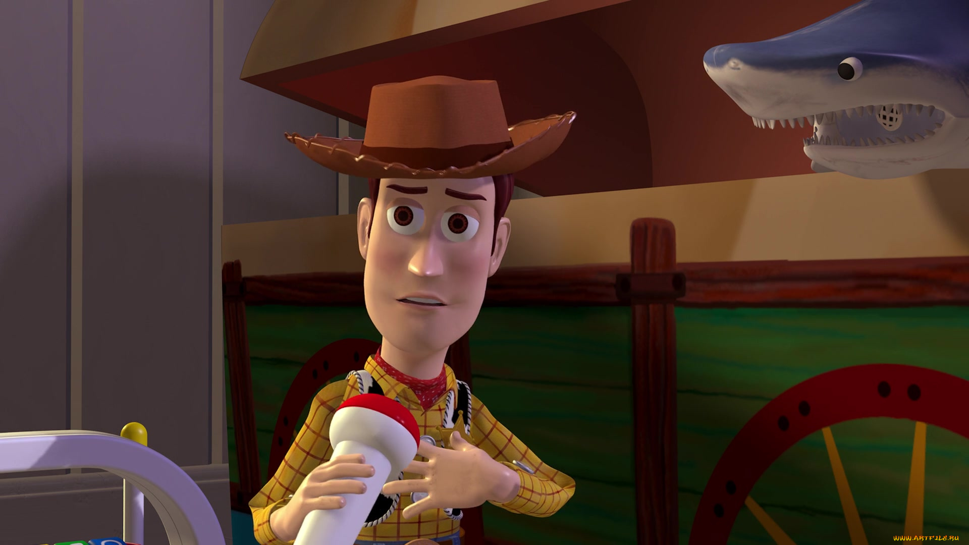 мультфильмы, toy, story, акула, микрофон, игрушки, ковбой