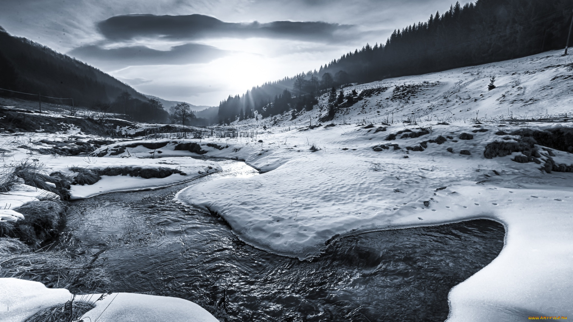 природа, зима, река, вода, снег, лес, лед