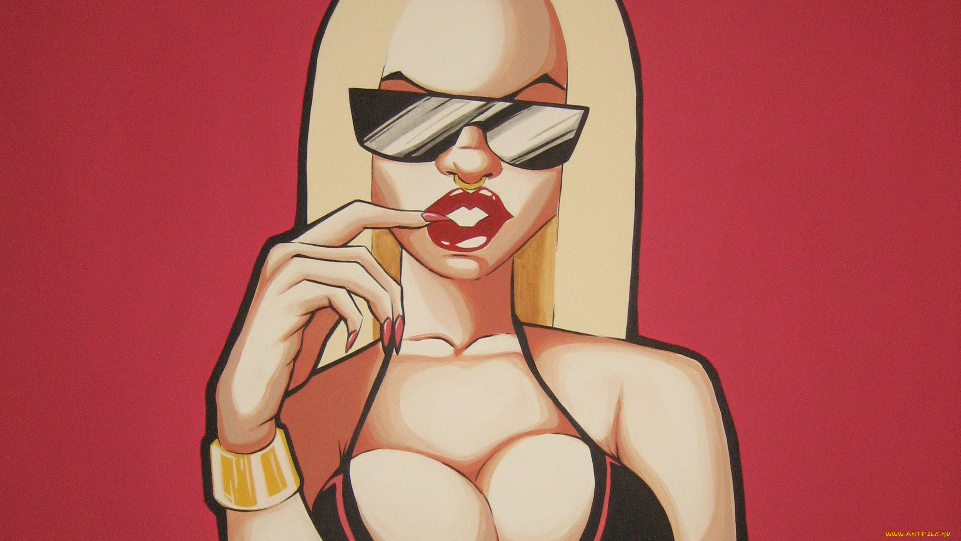 разное, арты, браслет, красный, фон, очки, женщина