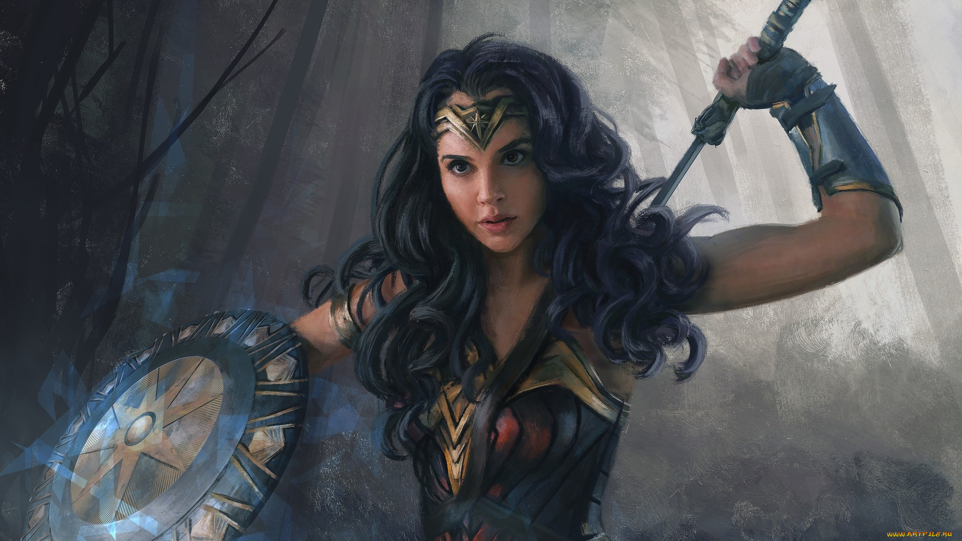 рисованное, кино, mandy, jurgens, wonder, woman, щит, арт, воин, девушка, лес