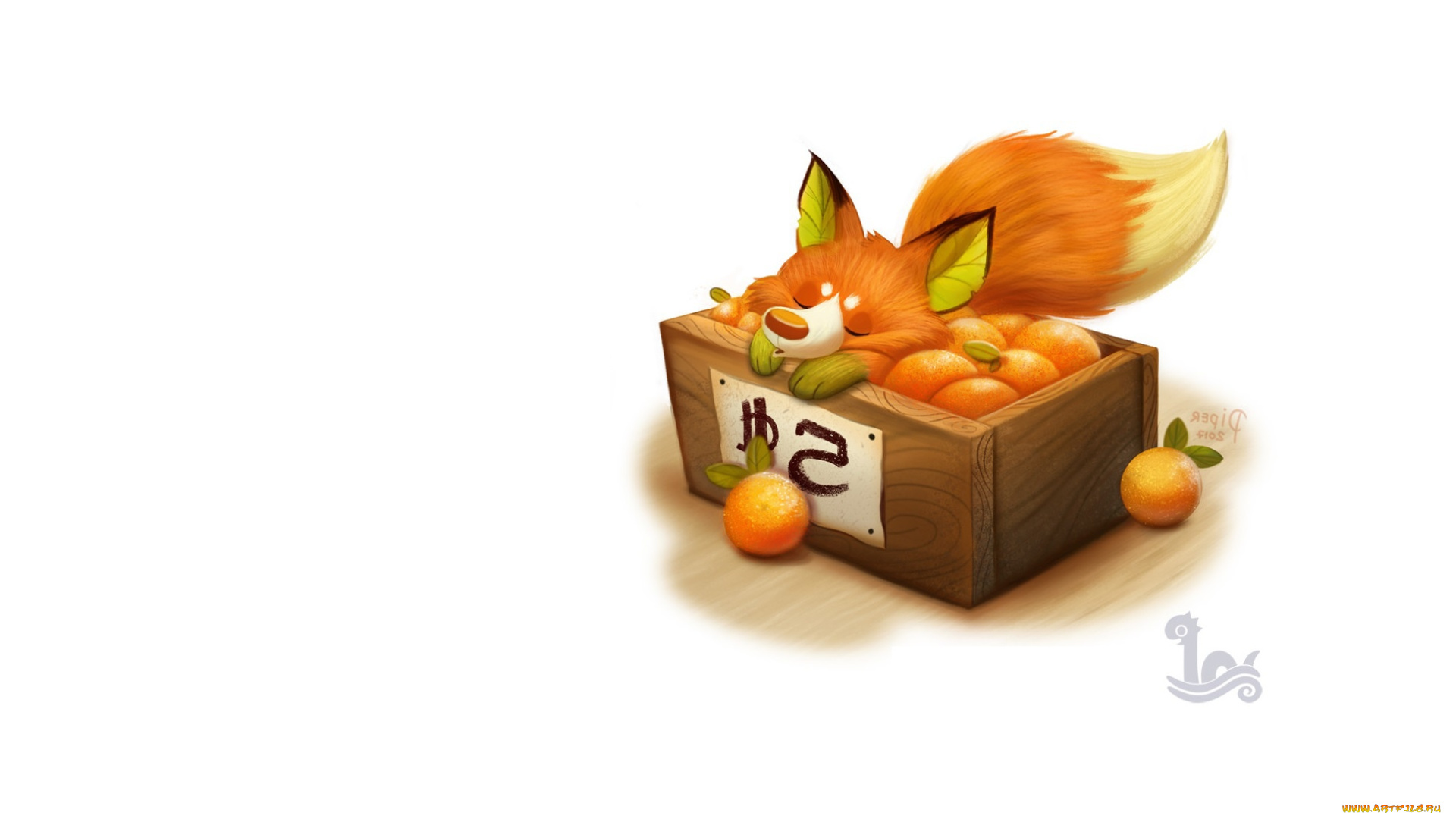 рисованное, минимализм, апельсины, мандарины, лисичка, ящик, арт, детская
