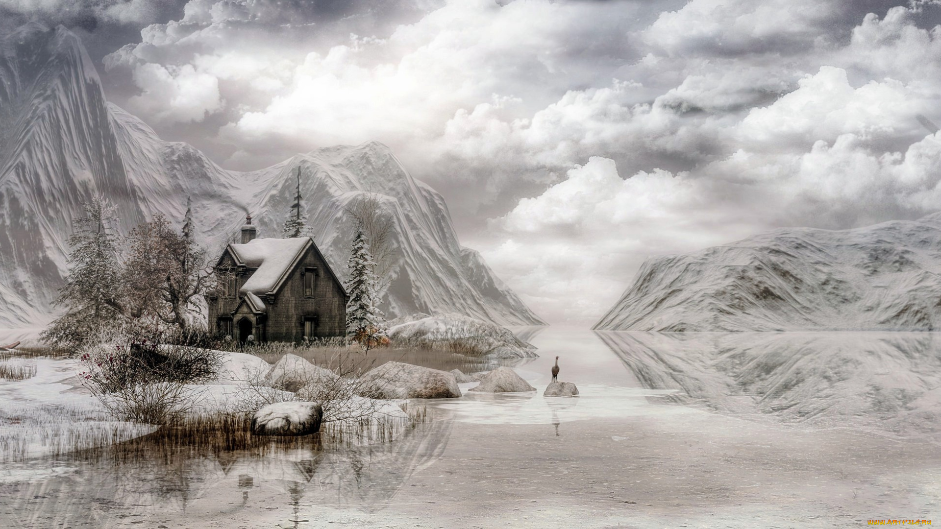 рисованное, природа, небо, домик, зима, горы, облака