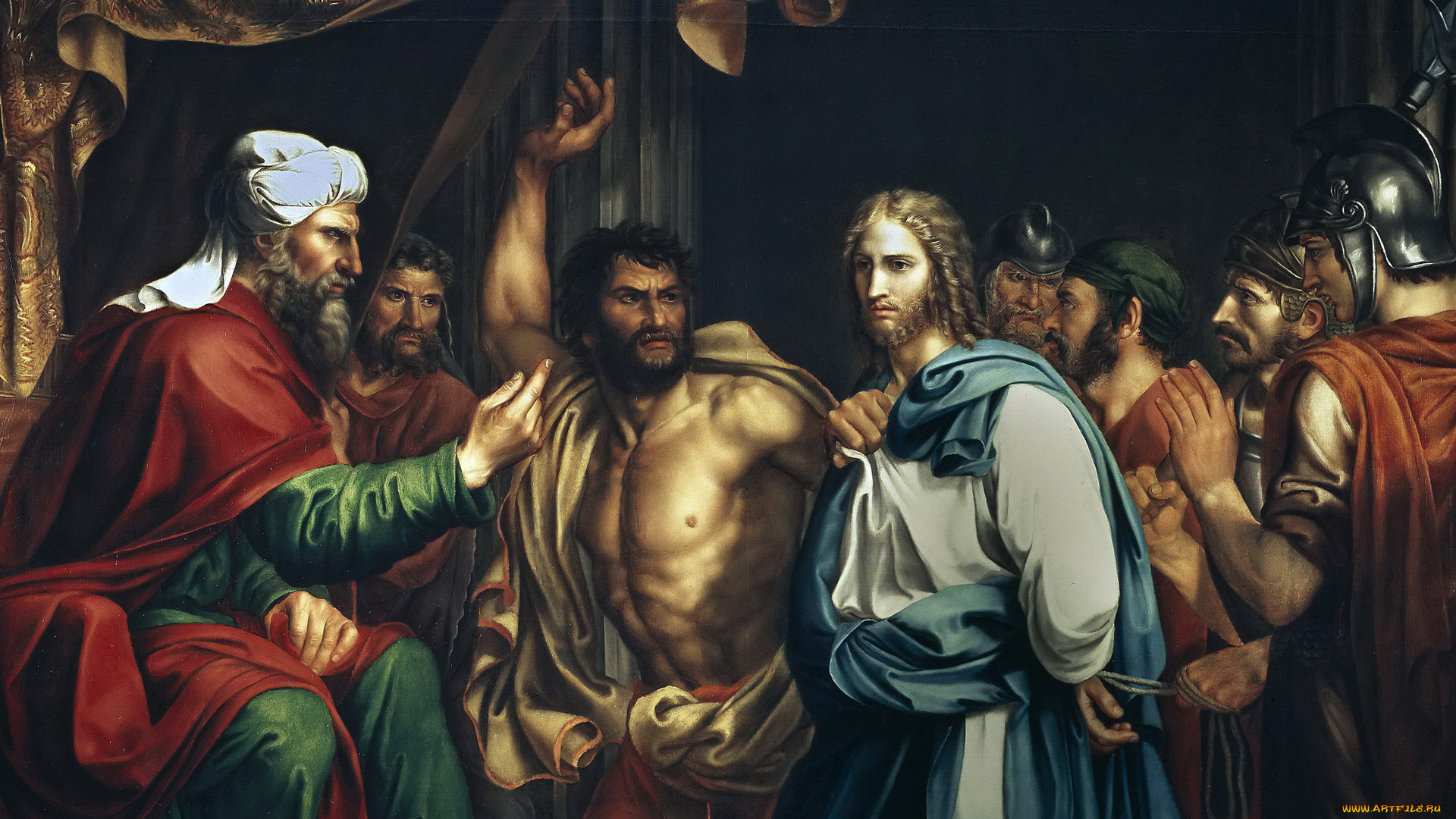 рисованное, живопись, иисус, в, доме, каифы, хосе, мадрасо, мифология, картина