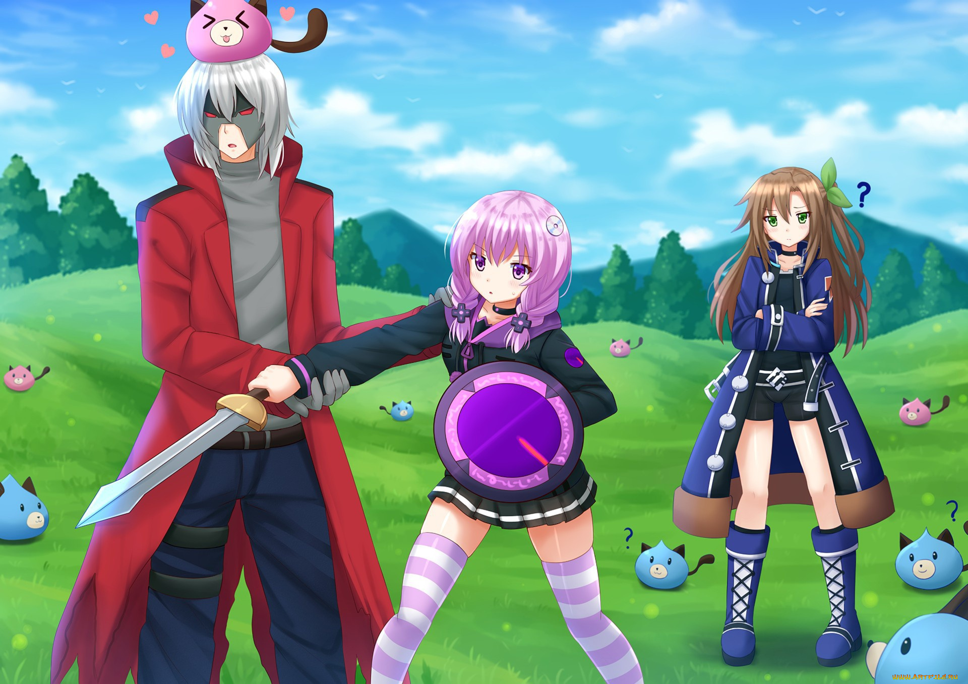 аниме, hyperdimension, neptunia, bishojo, deredere, vegetation, shield, cute, blade, ken, girl, sword, anime, fight