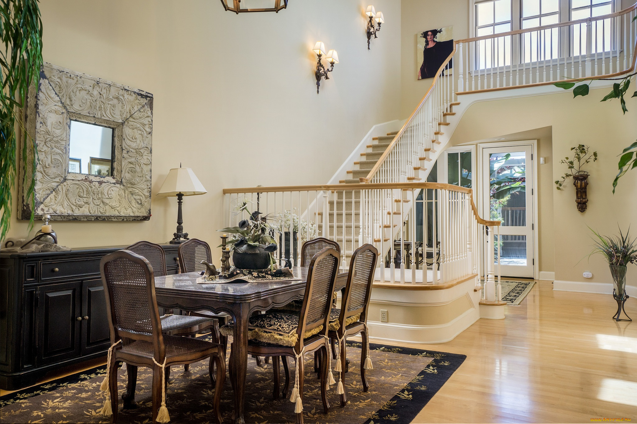 интерьер, столовая, стулья, стиль, стол, лестница, дизайн