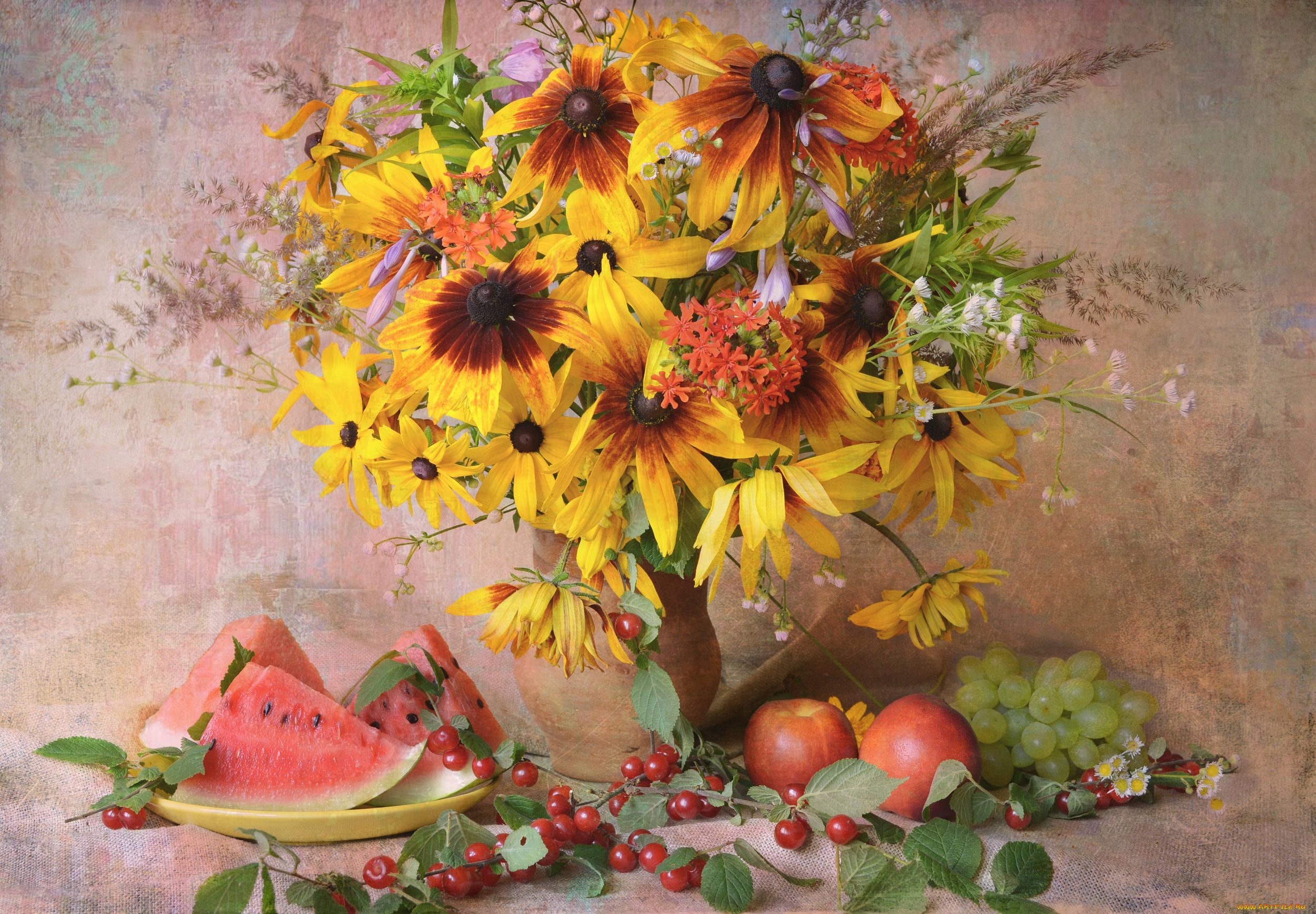 еда, натюрморт, композиция, букет, лето, фрукты, рудбекия, июль