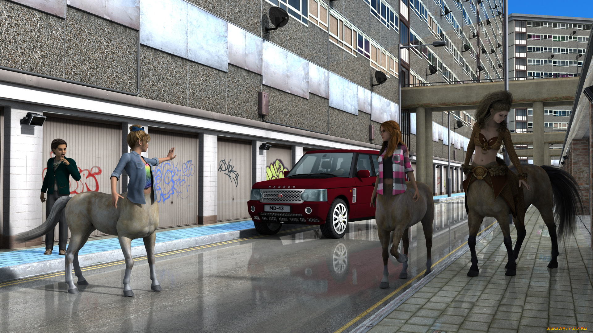 3д, графика, существа, , creatures, автомобиль, улица, город, змея, фон, взгляд, девушка