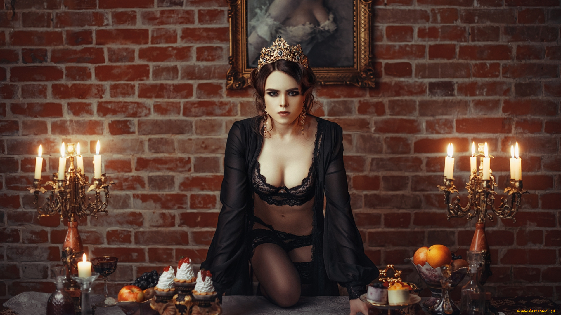 девушки, ellina, myuller, корона, белье, свечи, стол, картина, эллина, мюллер, кирпичи, модель