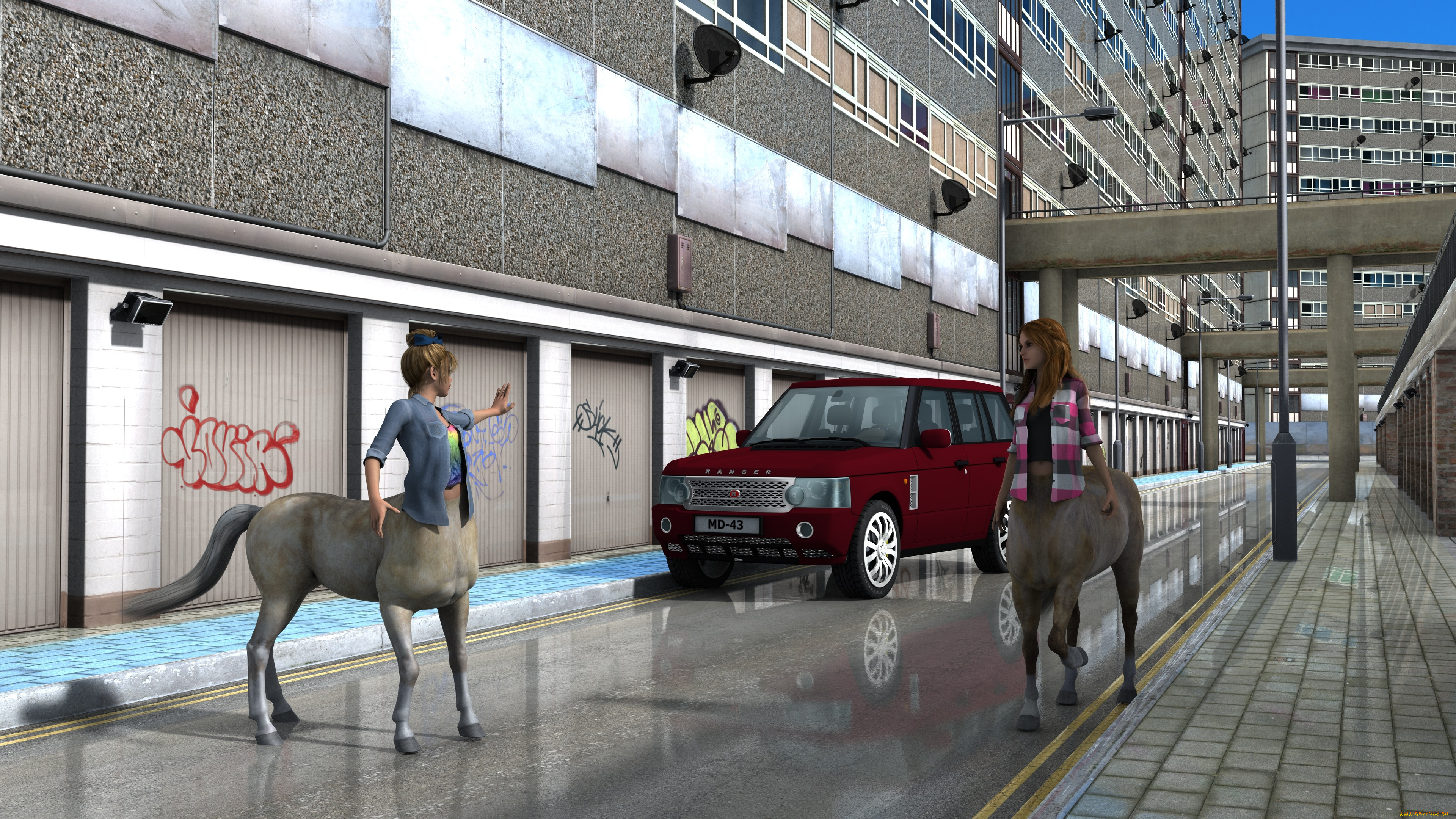 3д, графика, существа, , creatures, автомобиль, улица, город, змея, фон, взгляд, девушка