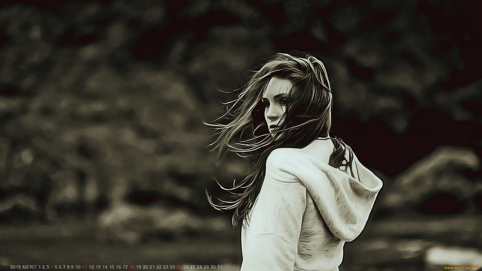 календари, компьютерный, дизайн, 2019, девушка, профиль, женщина, ветер, calendar