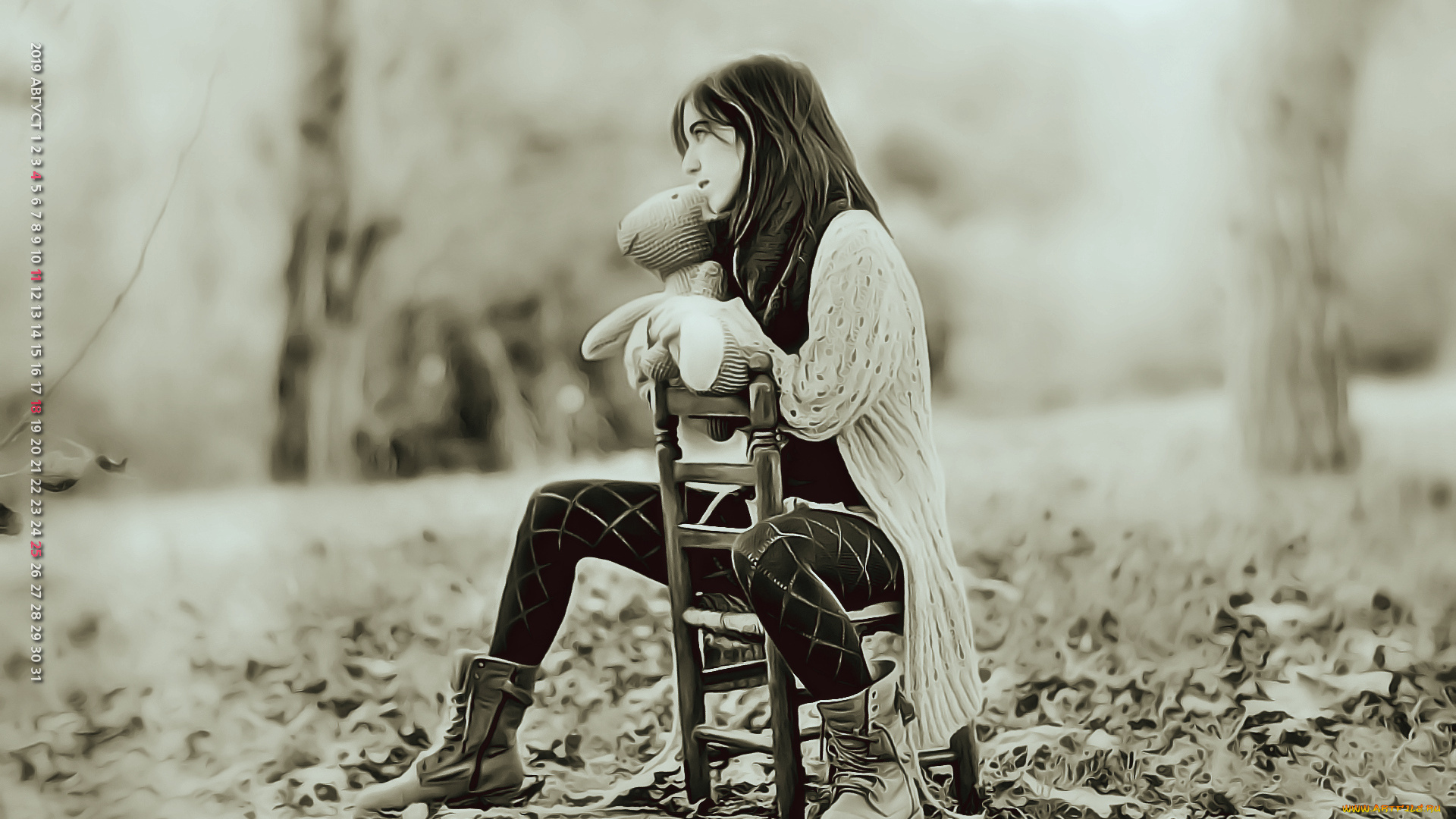 календари, компьютерный, дизайн, природа, девушка, стул, игрушка, 2019, calendar, сидит