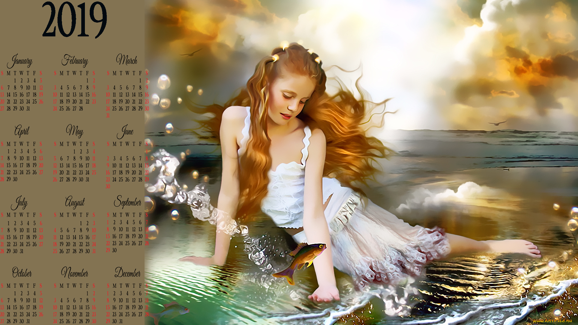 календари, рисованные, , векторная, графика, девочка, 2019, calendar, ребенок, рыба, водоем
