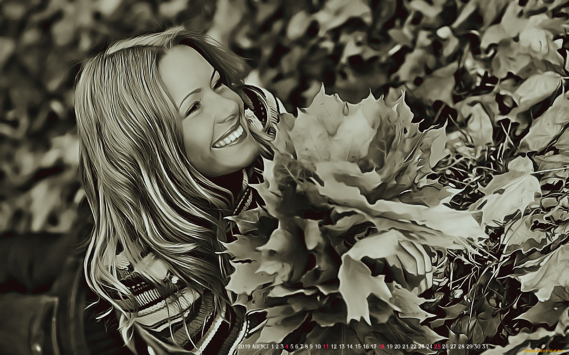 календари, компьютерный, дизайн, 2019, calendar, женщина, улыбка, девушка, листья