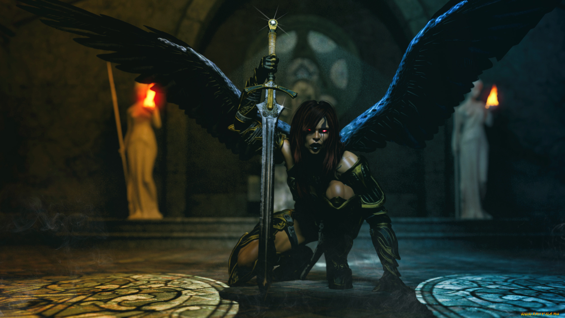 3д, графика, ангел, , angel, девушка, фон, взгляд, крылья, меч