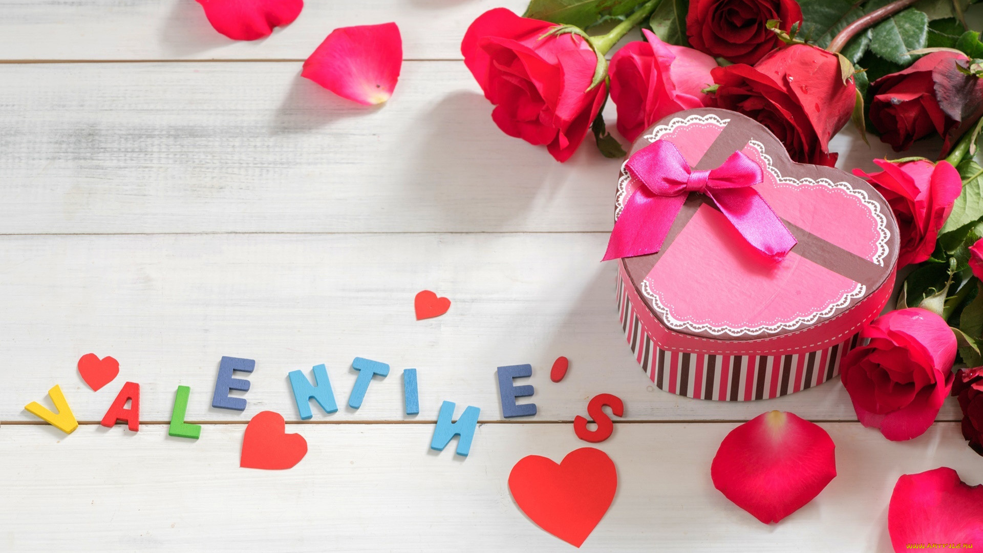 праздничные, день, святого, валентина, , сердечки, , любовь, розы, подарок, лента, бант, надпись, сердечки