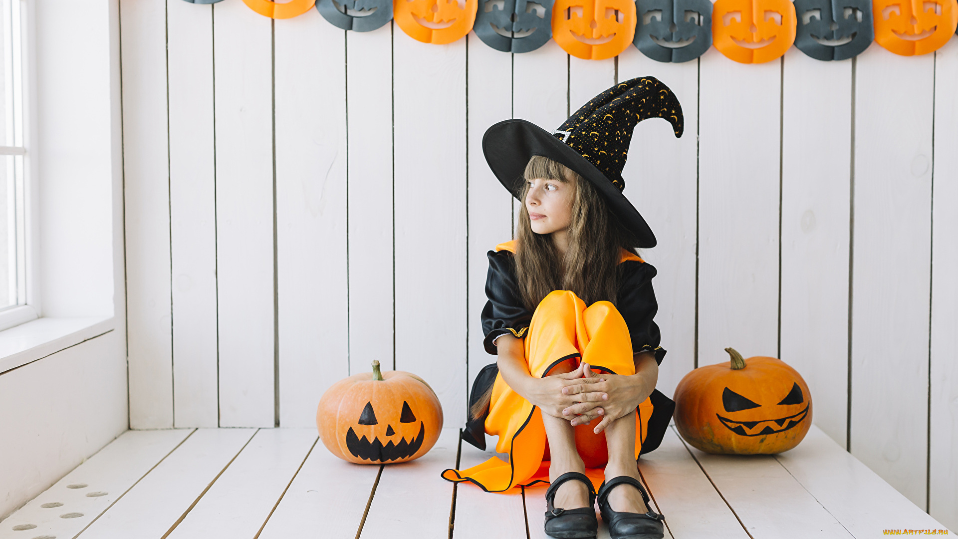 праздничные, хэллоуин, тыква, девушка, шляпа