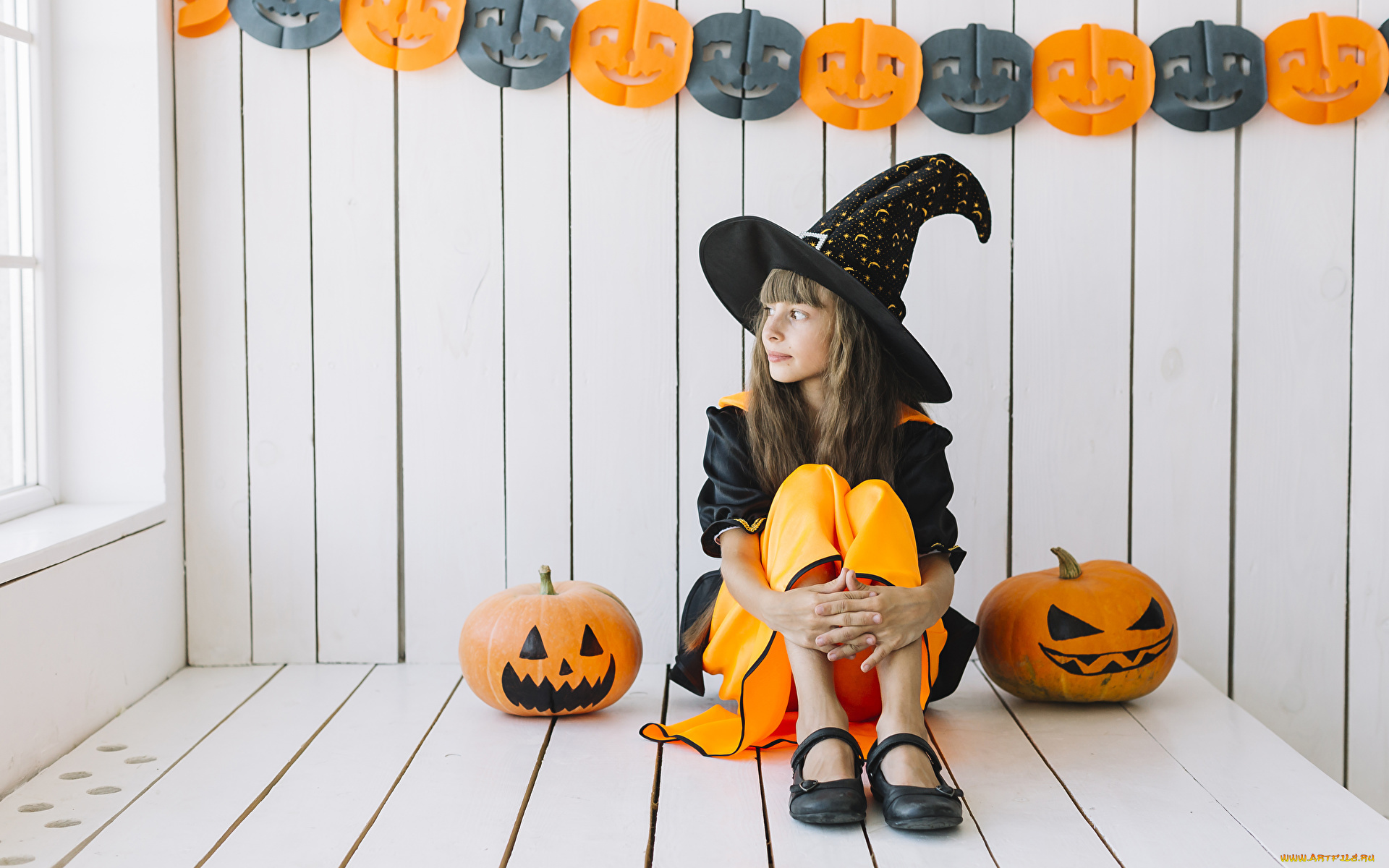 праздничные, хэллоуин, тыква, девушка, шляпа