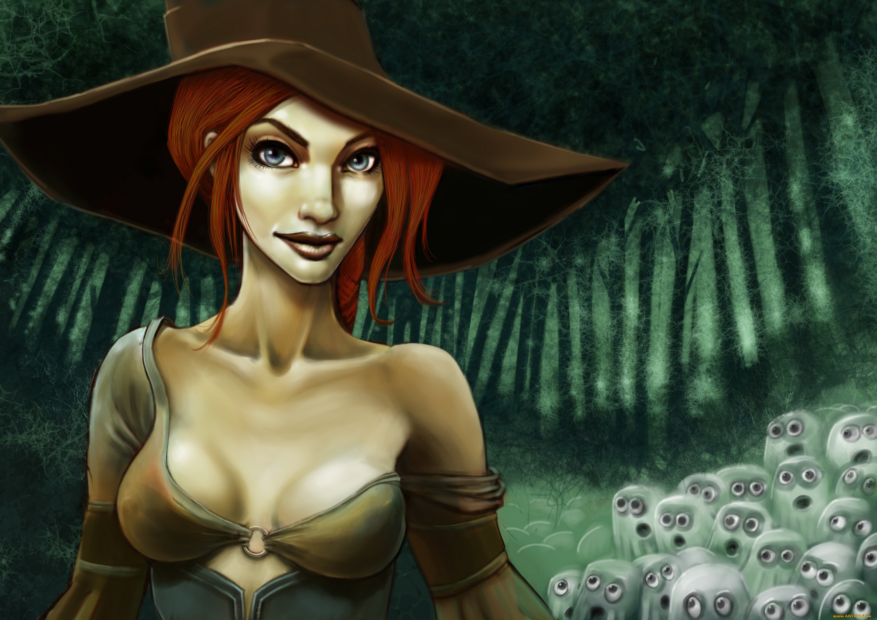 фэнтези, маги, , волшебники, девушка, фон, взгляд, шляпа, существо