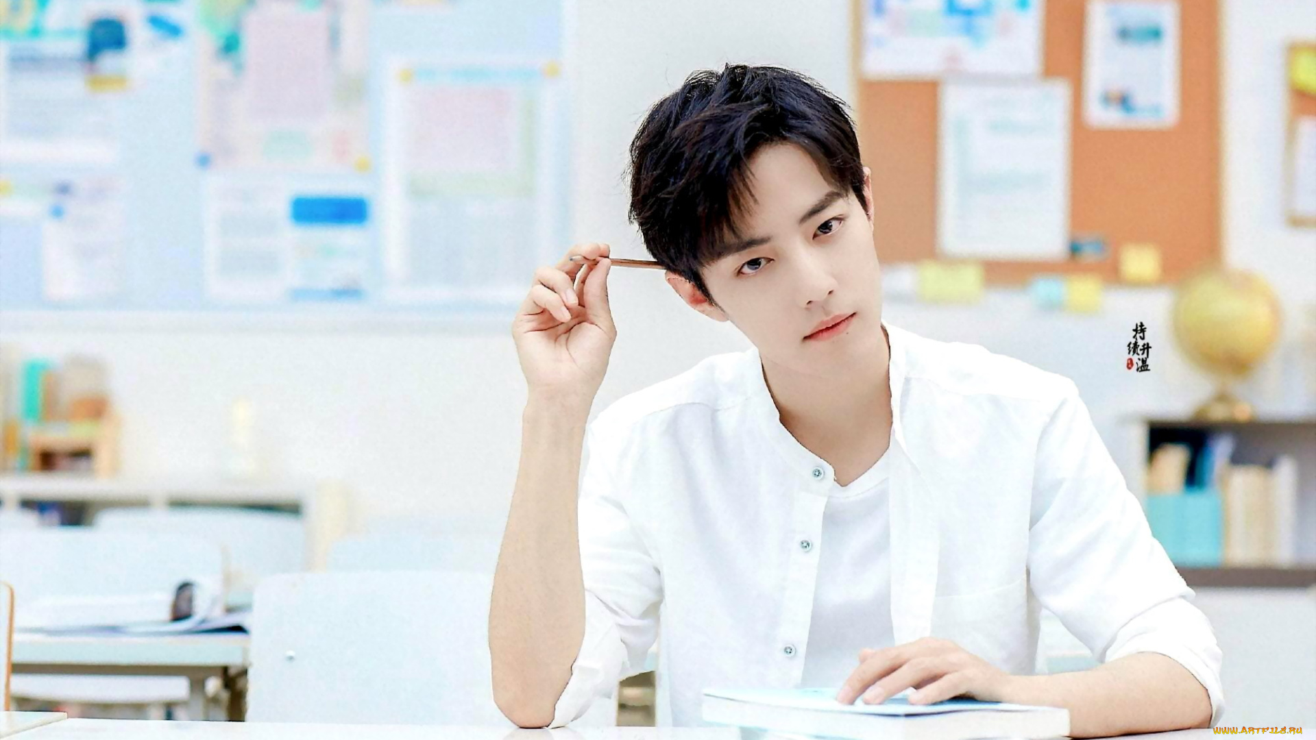 мужчины, xiao, zhan, актер, книга, ручка, парта