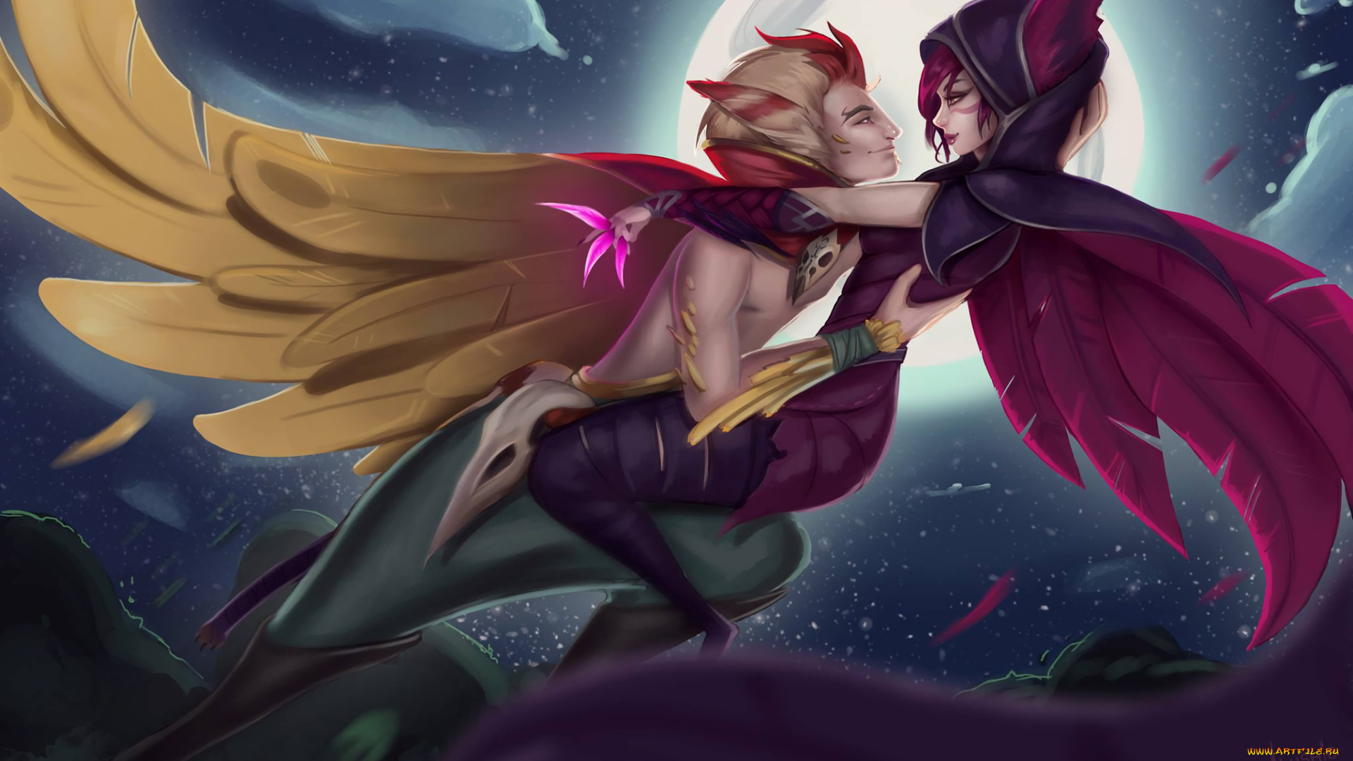 видео, игры, league, of, legends, xayah, rakan, пара, луна