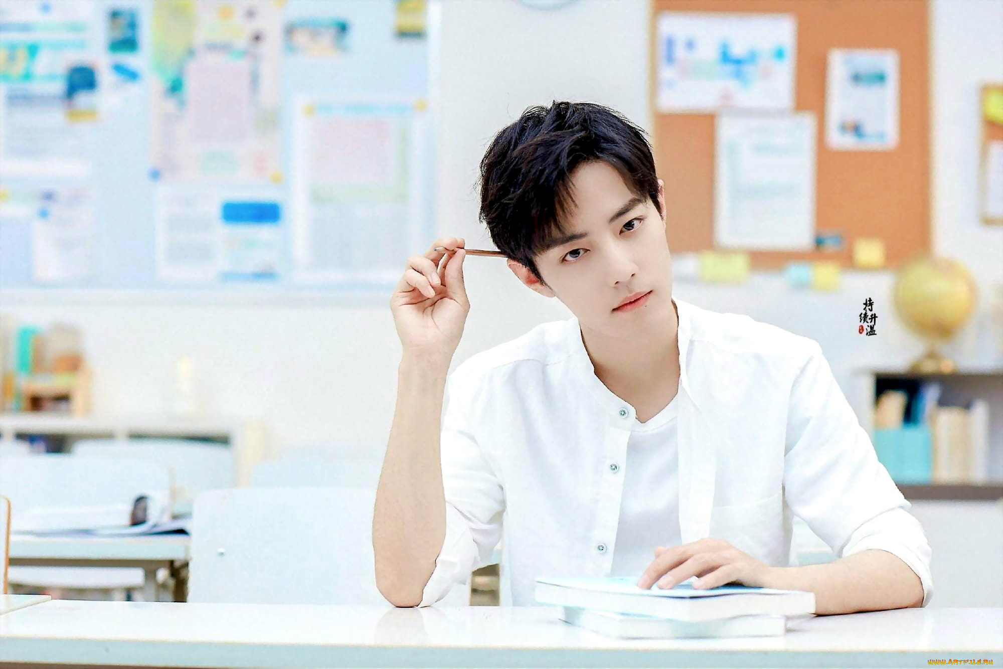 мужчины, xiao, zhan, актер, книга, ручка, парта