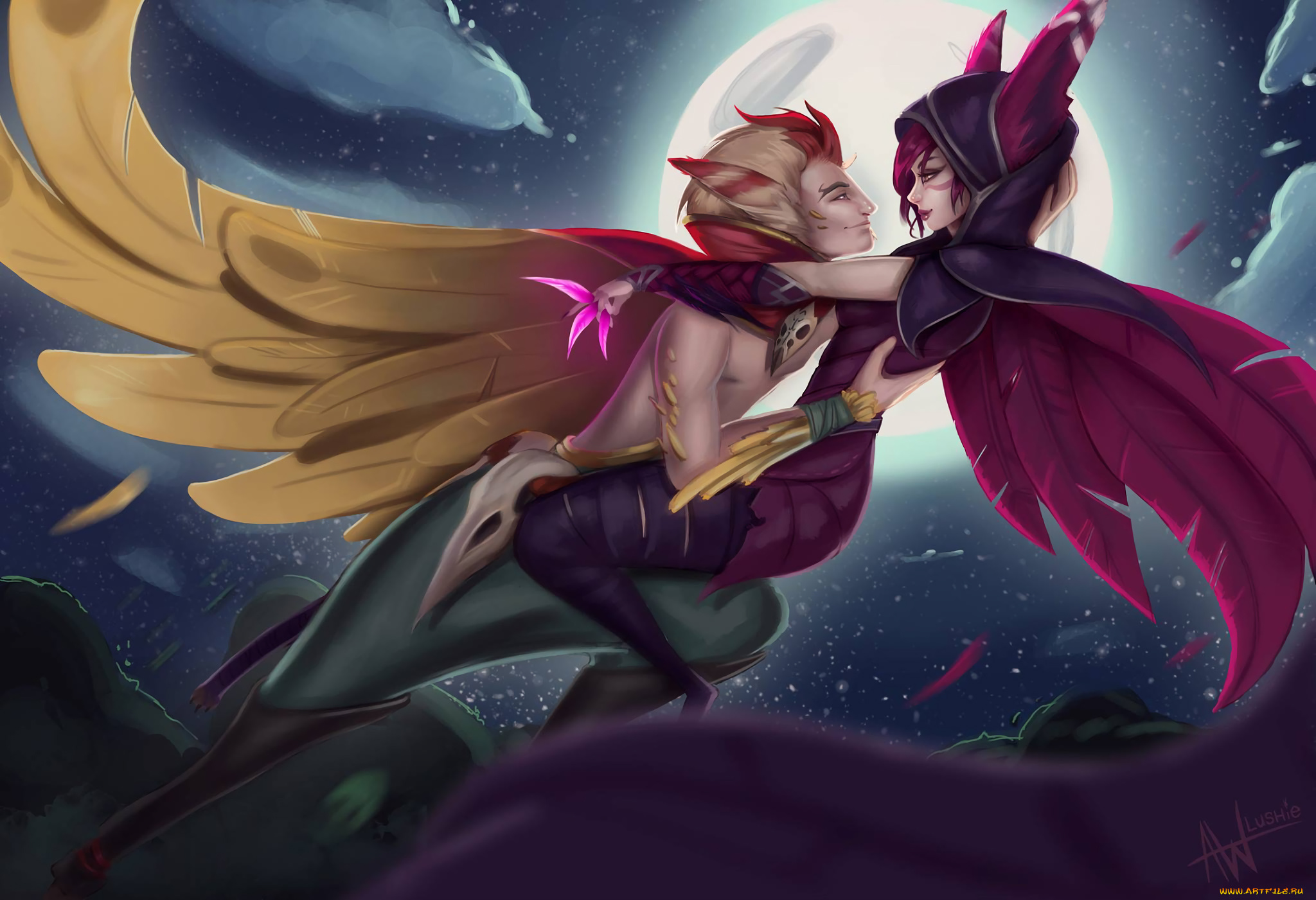 видео, игры, league, of, legends, xayah, rakan, пара, луна