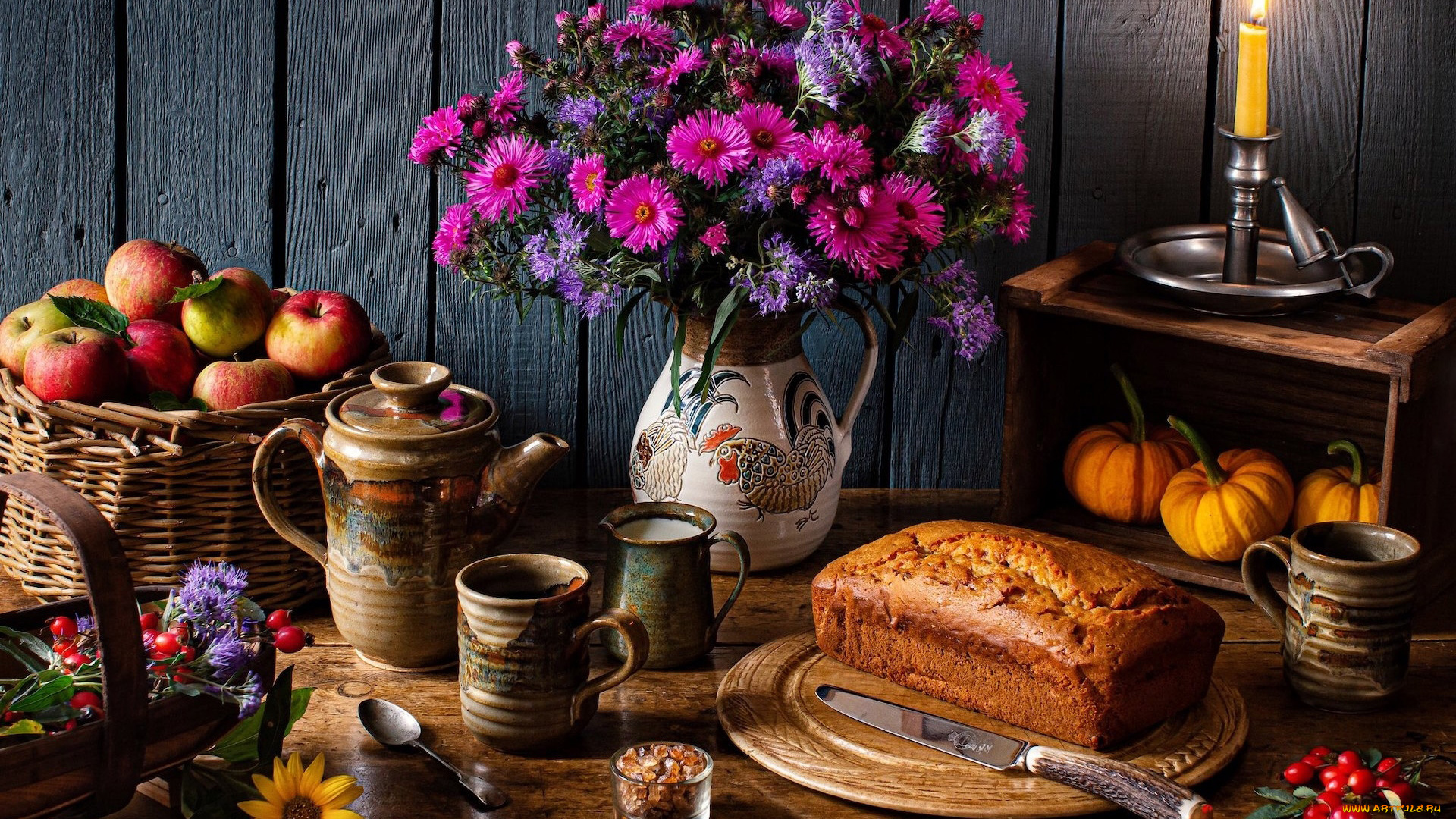 еда, натюрморт, свеча, букет, кофе, тыква, яблоки, пирог