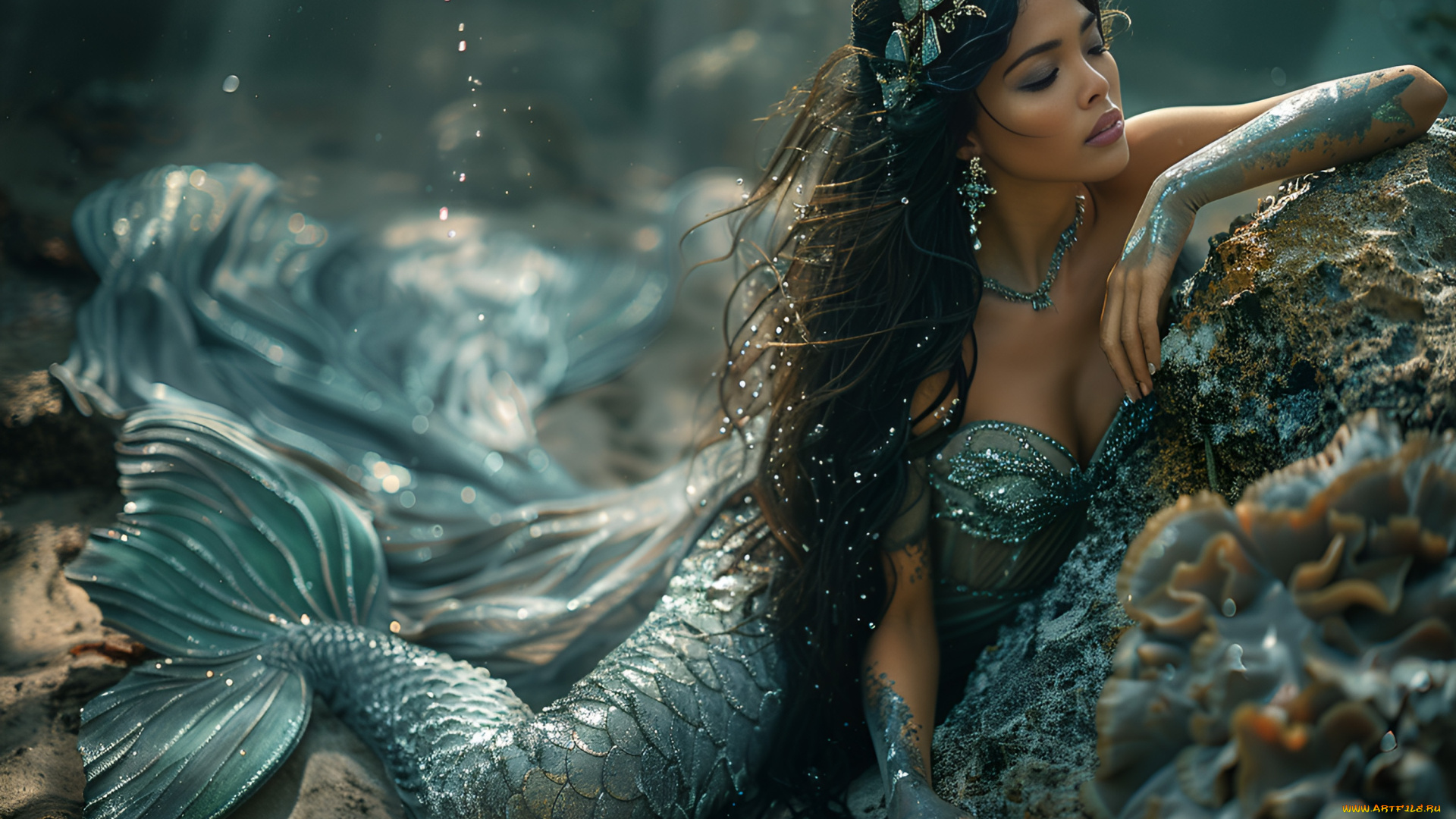 бестия, 3д, графика, фантазия, , fantasy, девушка, русалка, камень, волосы, хвост, цифровое, искусство, ии-арт, искусственного, интеллекта, нейросеть