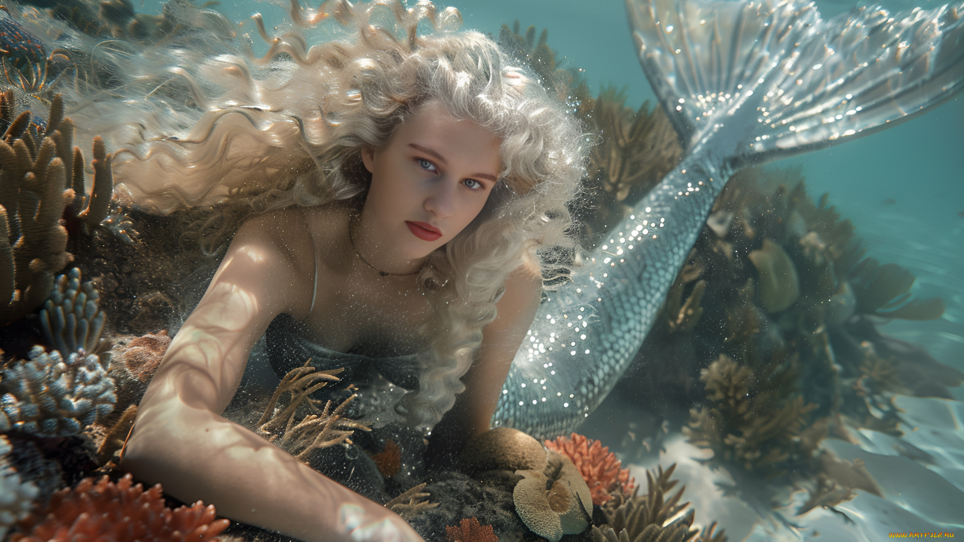 бестия, 3д, графика, фантазия, , fantasy, девушка, взгляд, блондинка, русалка, волосы, подводный, мир, хвост, цифровое, искусство, коралл, ии-арт, искусственного, интеллекта, нейросеть